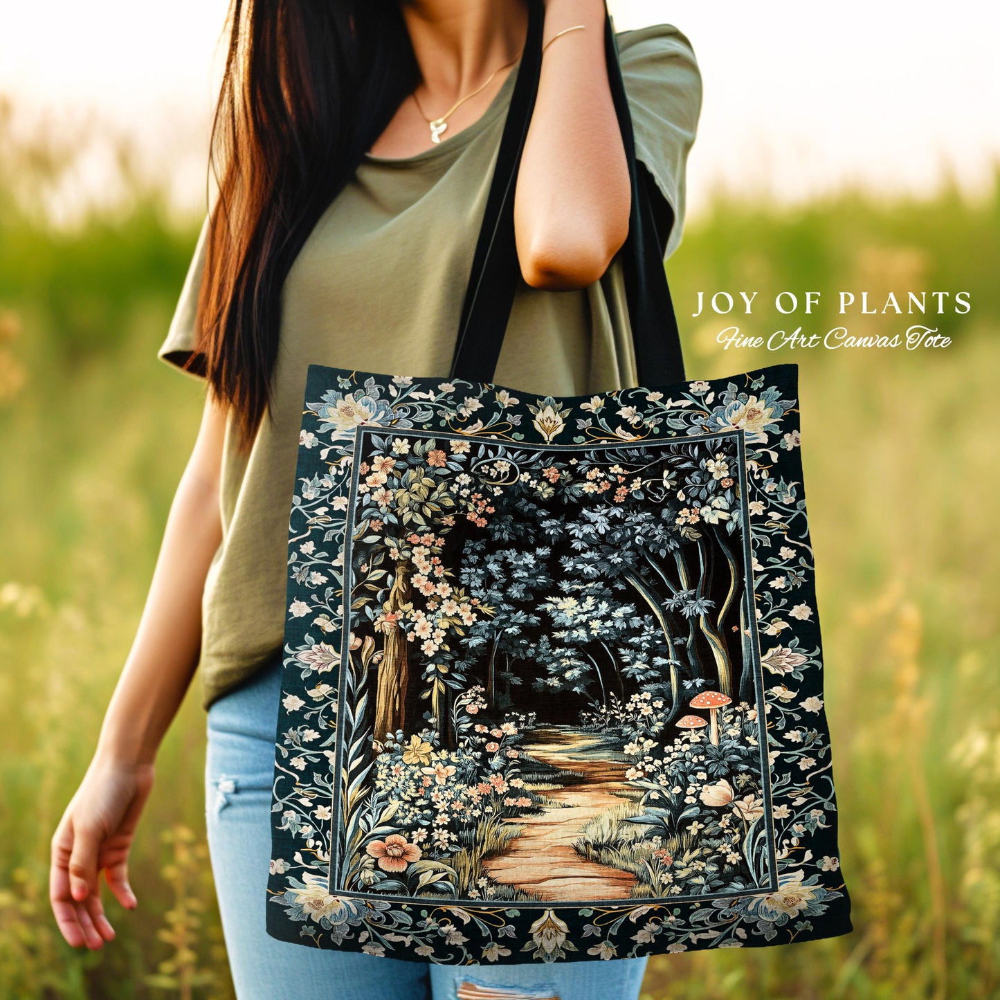 Dreamy Forest Landscape Botanical Tote | Misty Forest Dark Cottagecore Aesthetic Fairycore Bookish Woven Tapestry Bag Magical Jungle Decor |