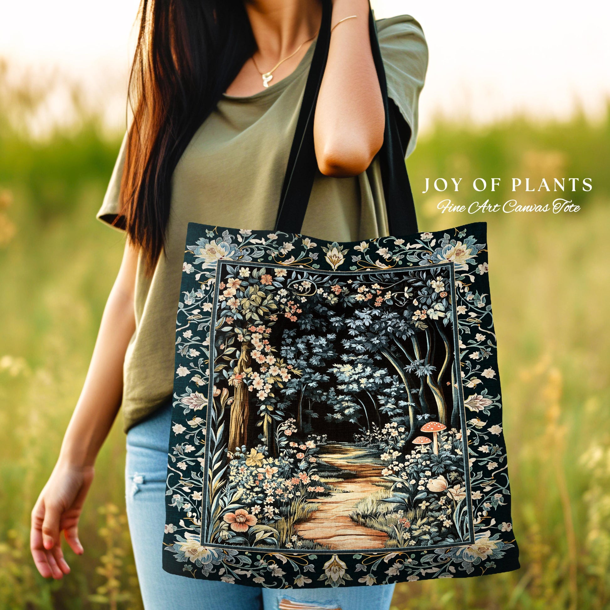 Dreamy Forest Landscape Botanical Tote | Misty Forest Dark Cottagecore Aesthetic Fairycore Bookish Woven Tapestry Bag Magical Jungle Decor |