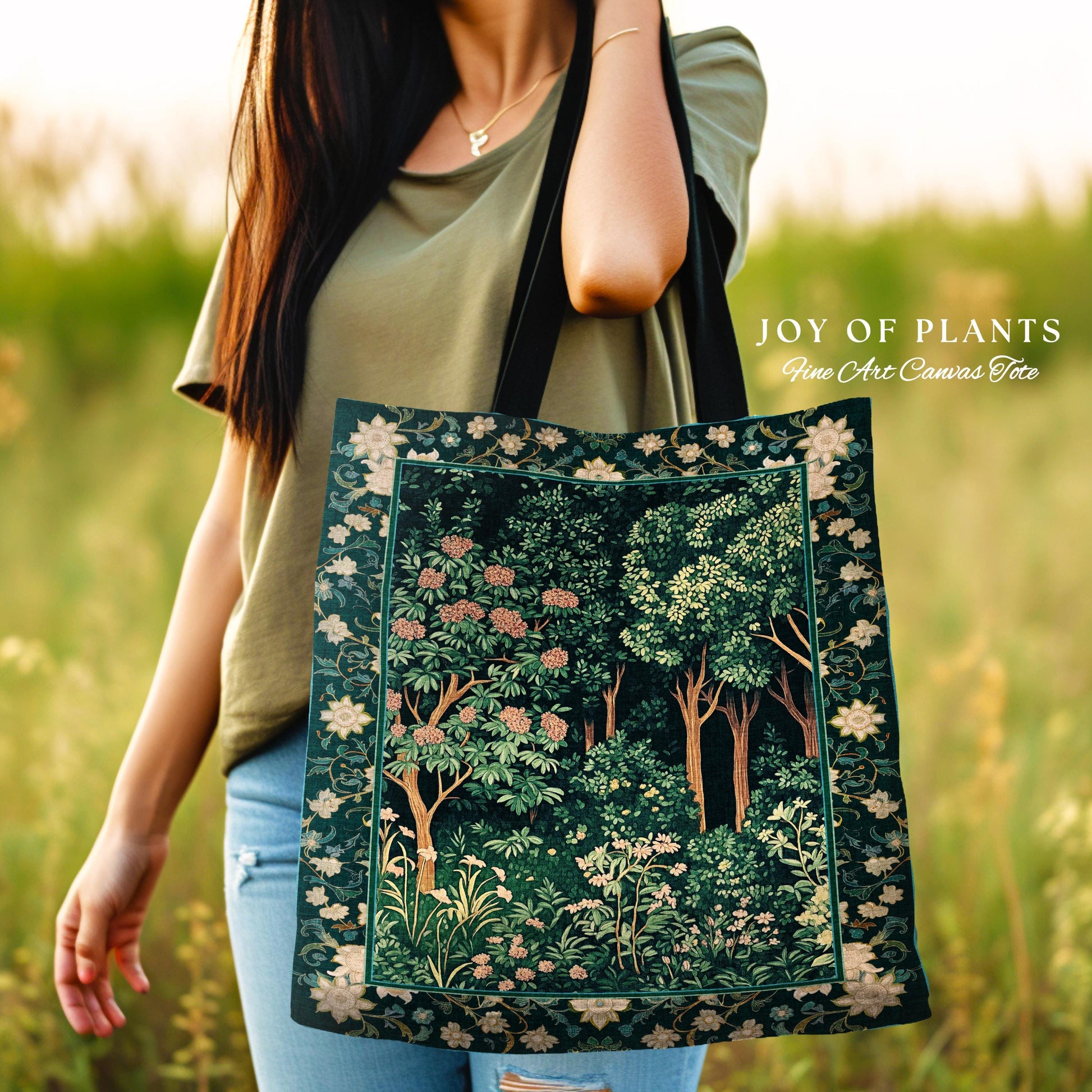 Dark Woodland Whimsical Forest Tote Bag | Whimsigothic Folklore Inspired Style Ethereal Aesthetic Woven Tapestry Bag Fairycore Wildflowers