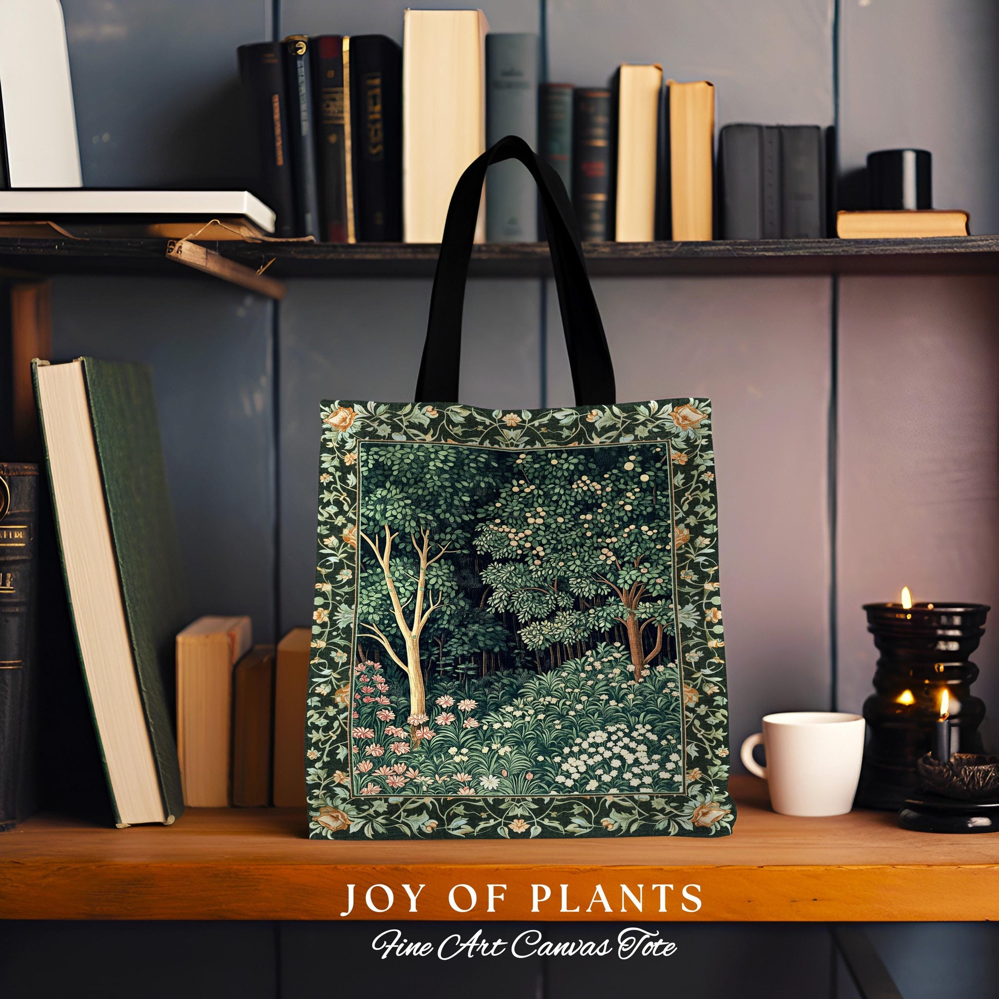 Medieval Forest Botanical Tote Bag | Woodland Botanical Emerald Green Vintage Aesthetic Mystic Bookish Woven Bag Magical Fairycore Theme |