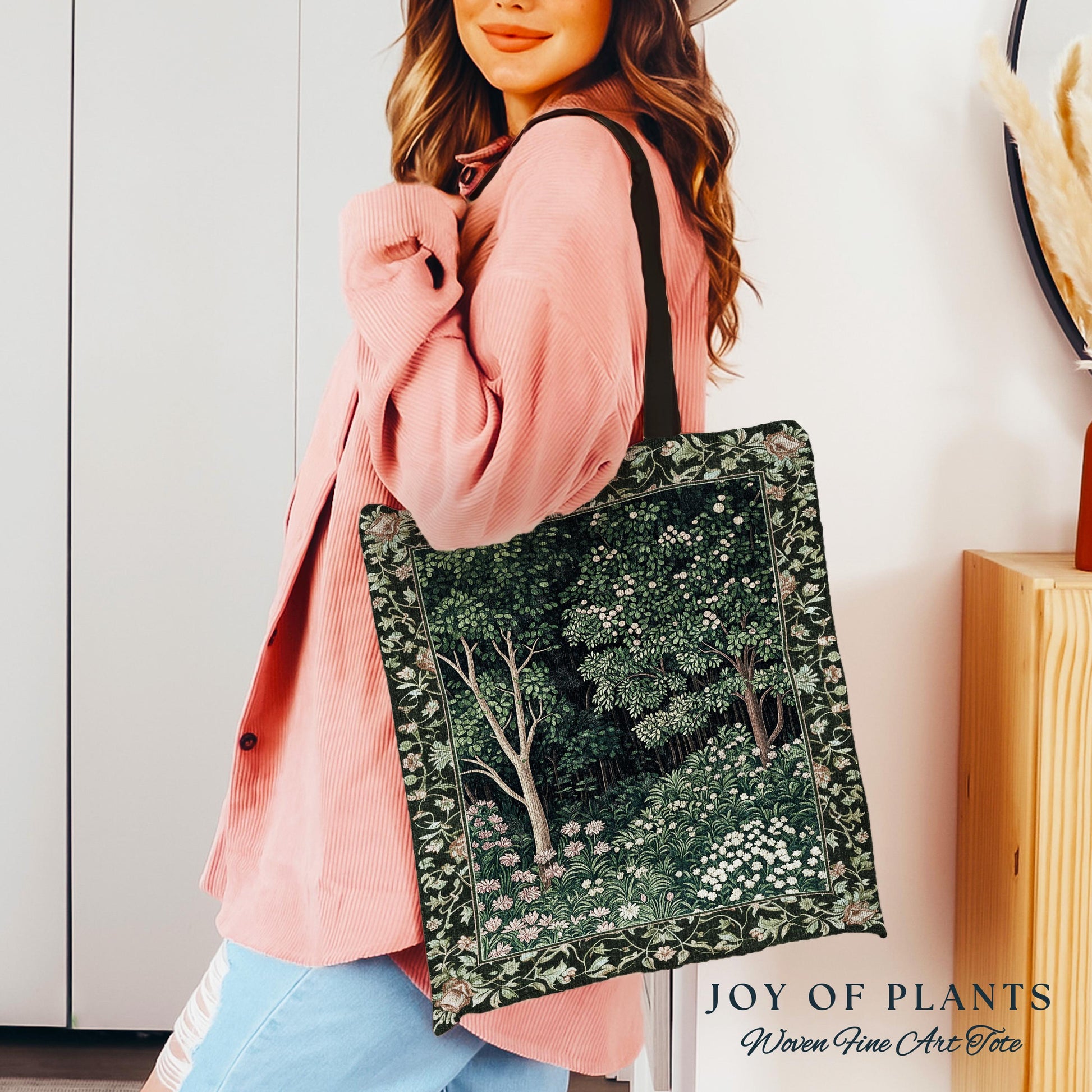 Medieval Forest Botanical Tote Bag | Woodland Botanical Emerald Green Vintage Aesthetic Mystic Bookish Woven Bag Magical Fairycore Theme |