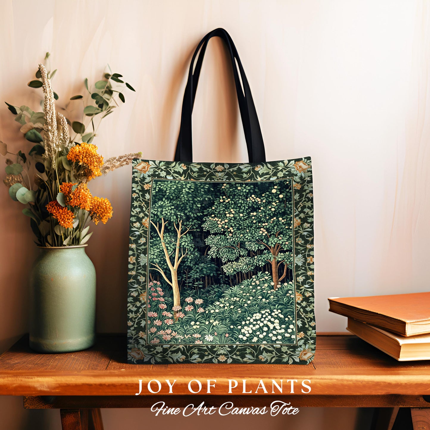 Medieval Forest Botanical Tote Bag | Woodland Botanical Emerald Green Vintage Aesthetic Mystic Bookish Woven Bag Magical Fairycore Theme |