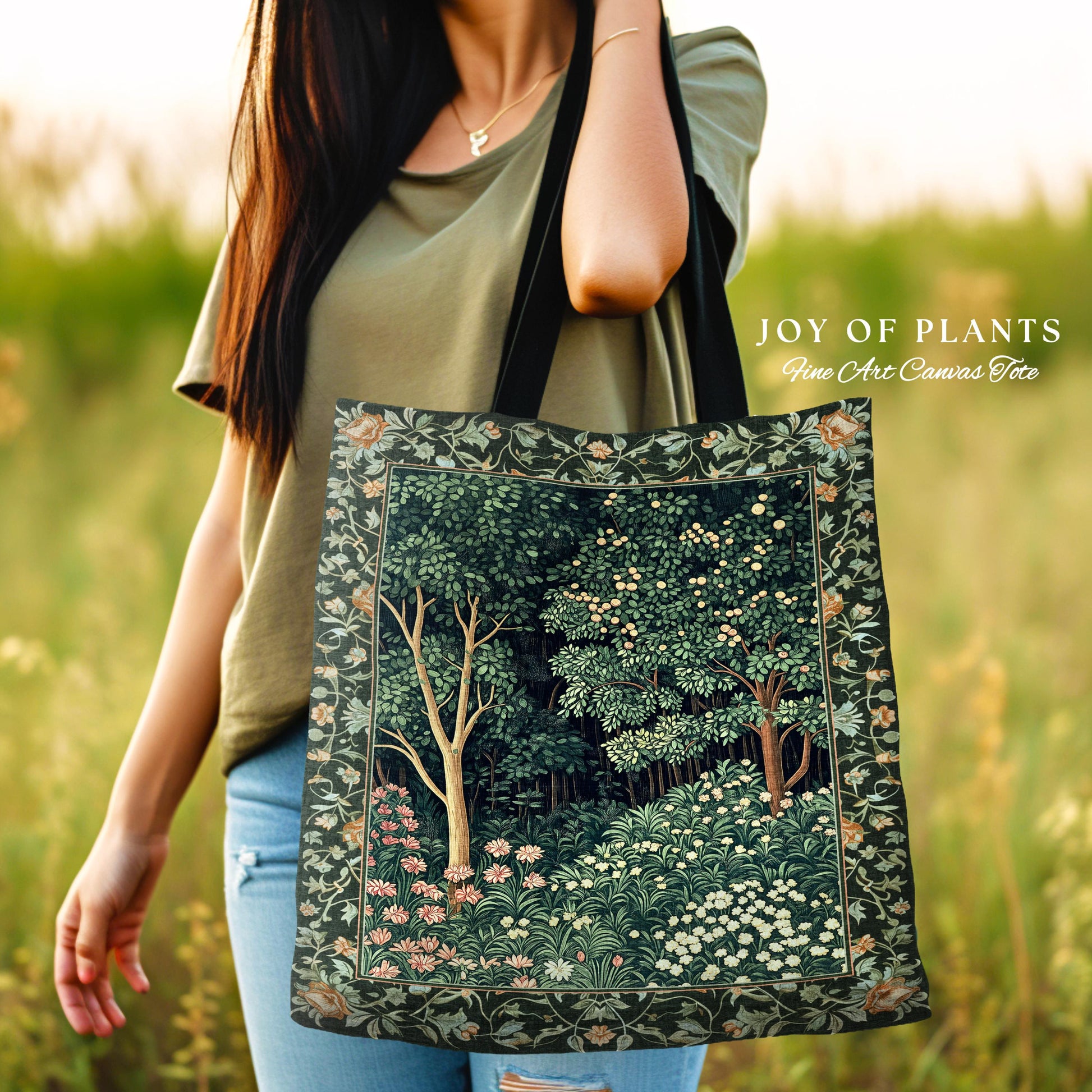 Medieval Forest Botanical Tote Bag | Woodland Botanical Emerald Green Vintage Aesthetic Mystic Bookish Woven Bag Magical Fairycore Theme |