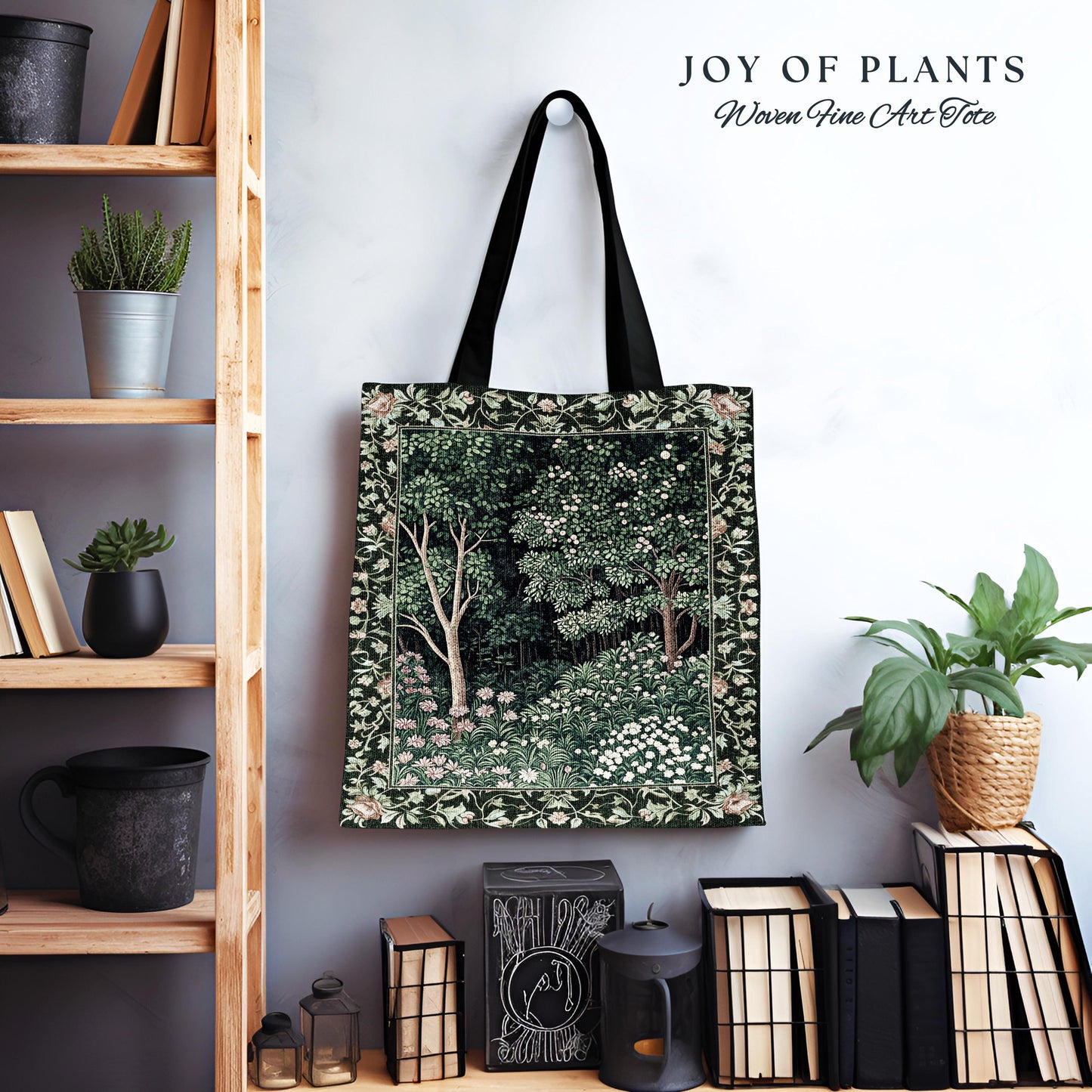 Medieval Forest Botanical Tote Bag | Woodland Botanical Emerald Green Vintage Aesthetic Mystic Bookish Woven Bag Magical Fairycore Theme |