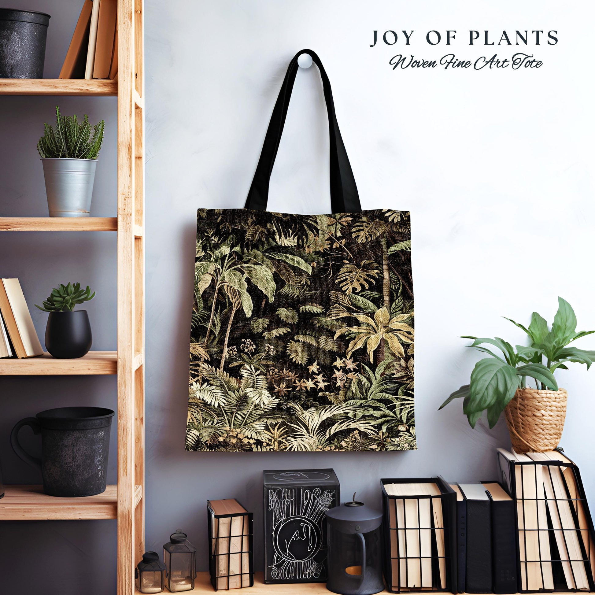 Moody Botanical Jungle Leaves Tote | Eclectic Green Maximalist Woven Tapestry Bag Whimsigoth Vintage Botanical Nature Aesthetic Forest Style