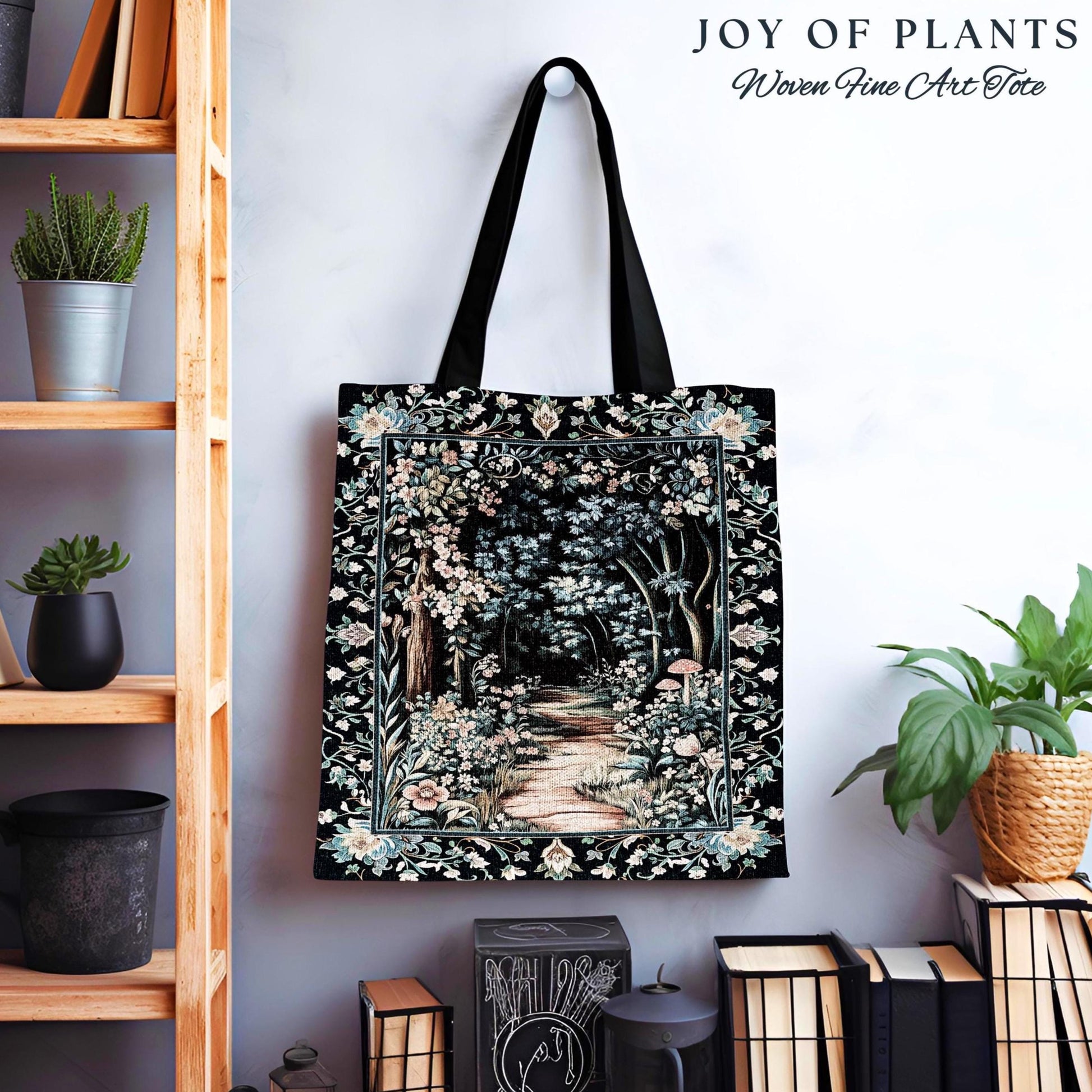 Dreamy Forest Landscape Botanical Tote | Misty Forest Dark Cottagecore Aesthetic Fairycore Bookish Woven Tapestry Bag Magical Jungle Decor |