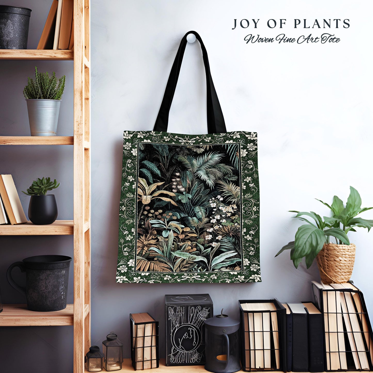 Jungle Leaves Botanical Woven Tote | Tropical Jungle Nature Lover Book Bag Cozy Plant Lover Boho Aesthetic Style Elegant Tapestry Bag Green