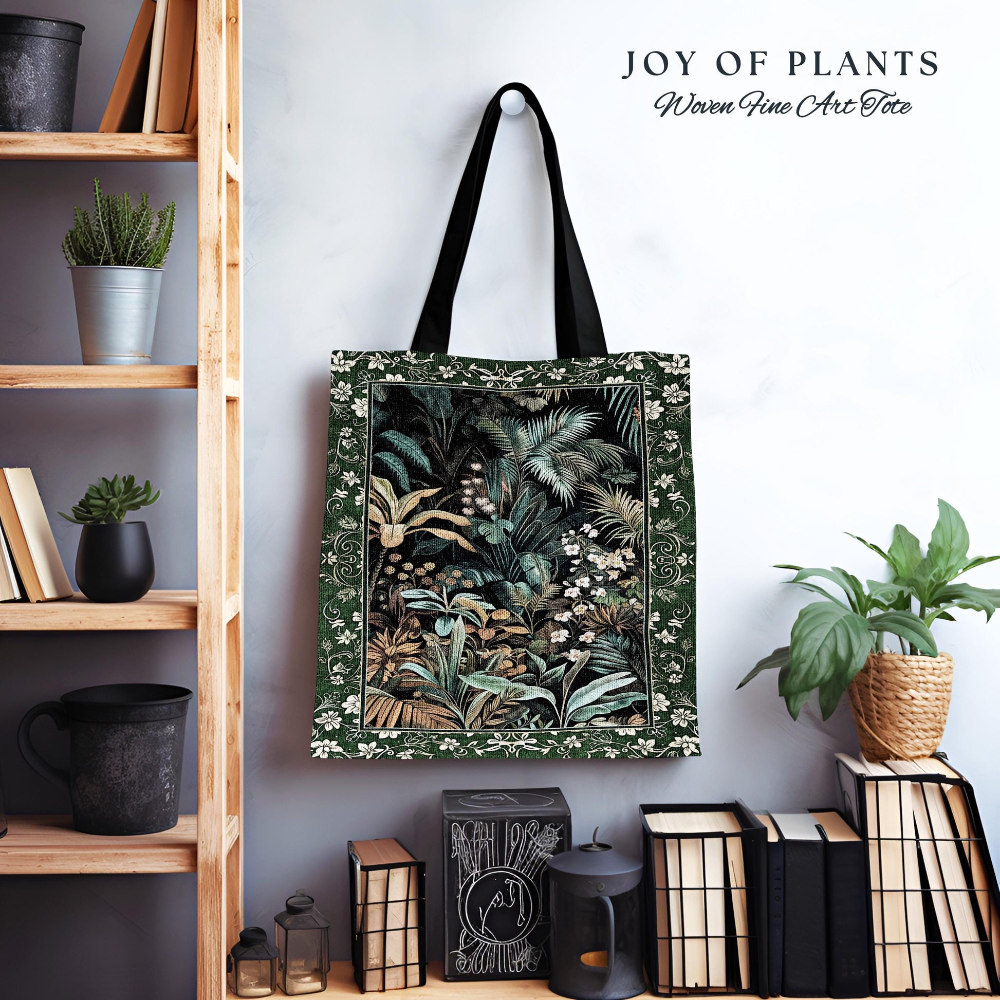 Jungle Leaves Botanical Woven Tote | Tropical Jungle Nature Lover Book Bag Cozy Plant Lover Boho Aesthetic Style Elegant Tapestry Bag Green