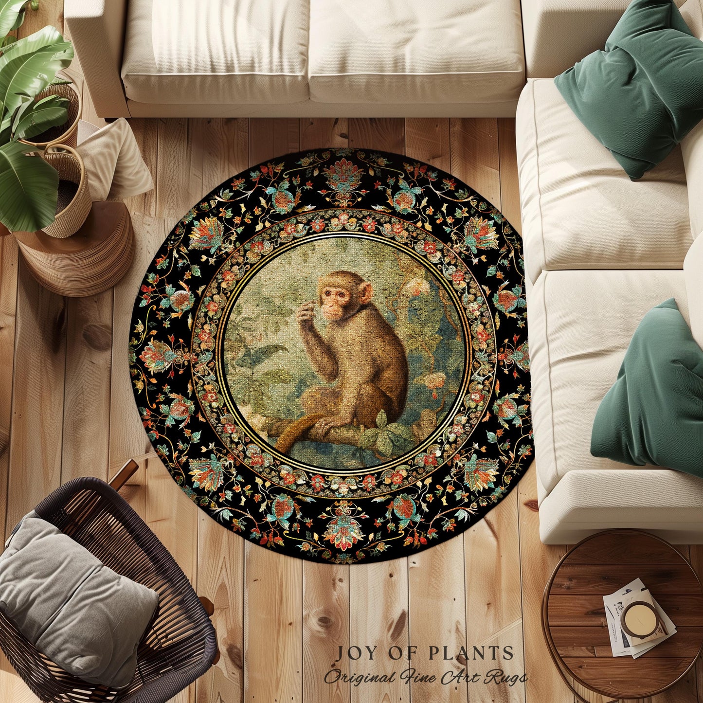 Botanical Monkey Round Rug Forestcore Morris Inspired Cottagecore Room, Light Academia Mystical Monkey Victorian Aesthetic Decorative Decor