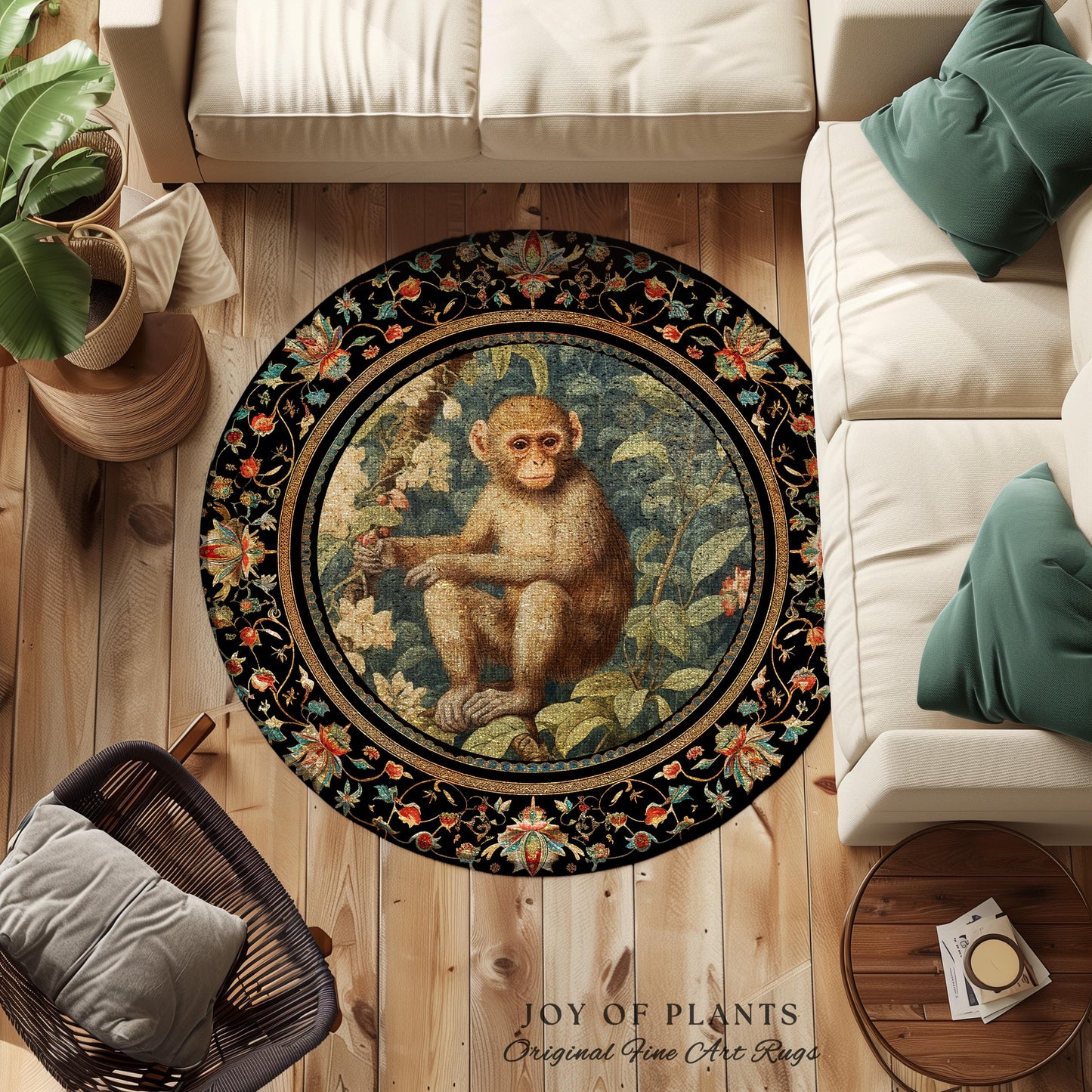 Light Academia Round Monkey Rug Mystical Aesthetic | Pastel Floral Accent Botanical Woodland Decor William Morris Inspired Cottagecore Room
