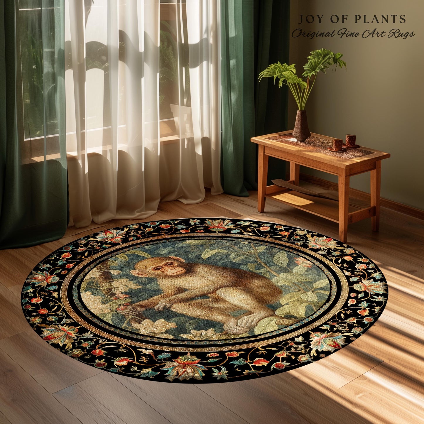 Light Academia Round Monkey Rug Mystical Aesthetic | Pastel Floral Accent Botanical Woodland Decor William Morris Inspired Cottagecore Room