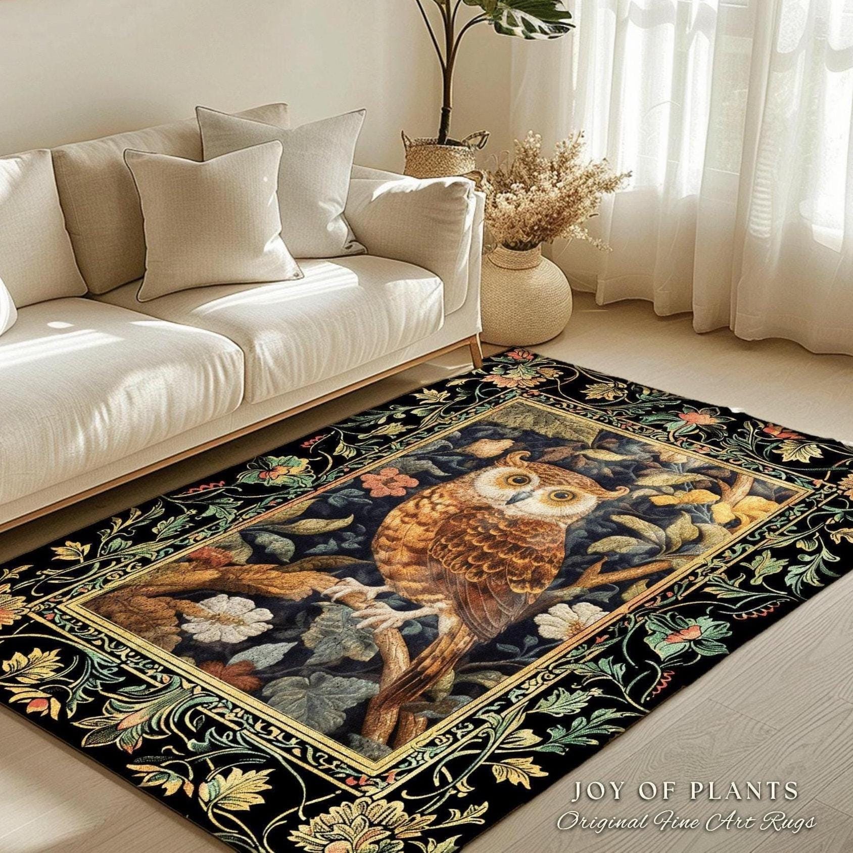 Whimsigoth Owl Area Rug | Ethereal Book Nook Decor William Morris Inspired Gift for Reader Whimsical Room Soft Aesthetic Dark Academia Style