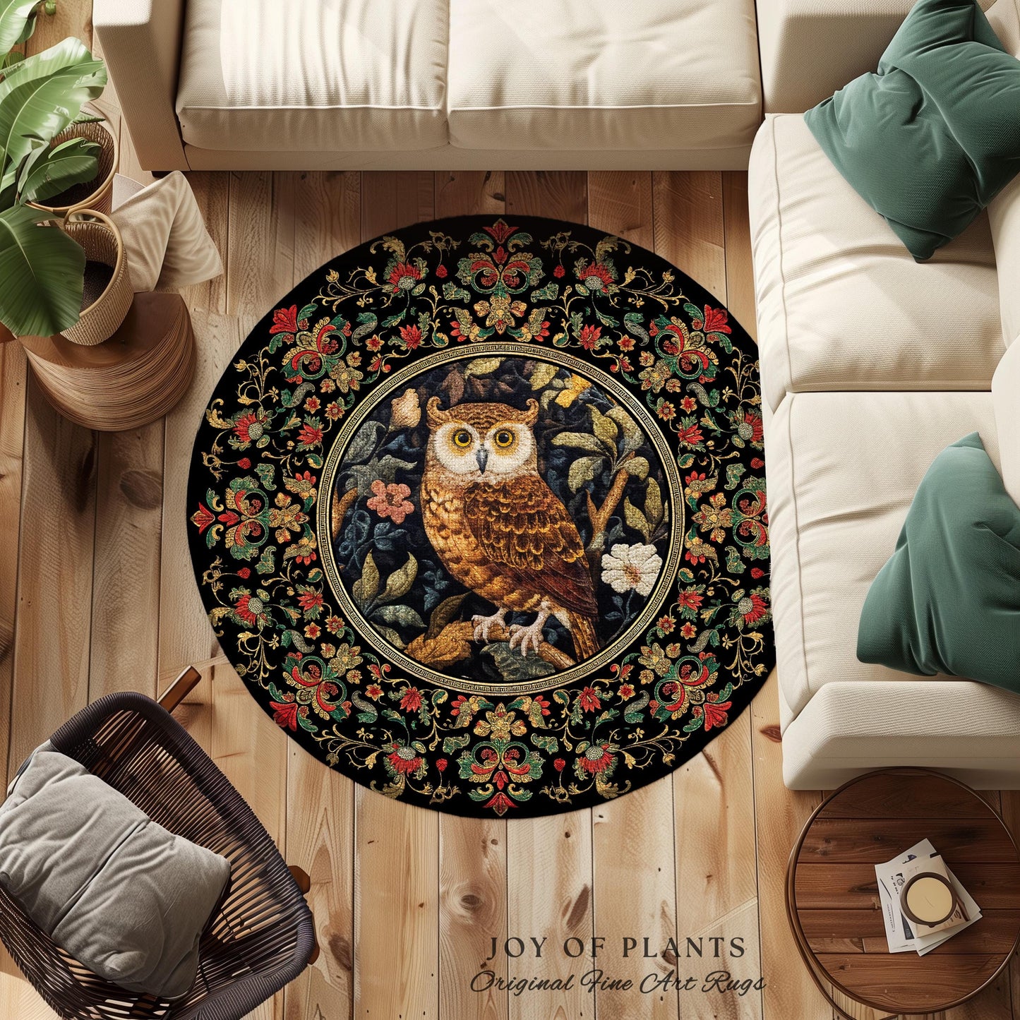 Whimsical Floral Round Owl Rug Ethereal Woodland Book Nook Decor Morris Inspired, Soft Cottagecore Academia Style Forestcore Whimsy Owl Rug