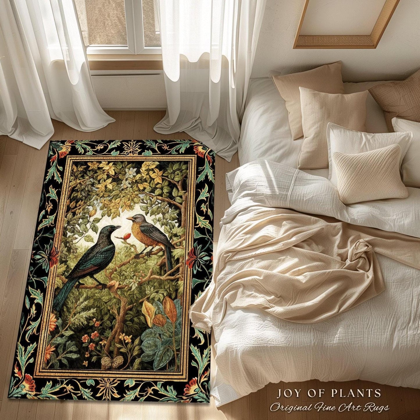 Crowcore Forest Round Raven Rug Bedroom Decor Morris Inspired Victorian Room Dark Academia Style, Mystical Woodland Birds Cottagecore Accent