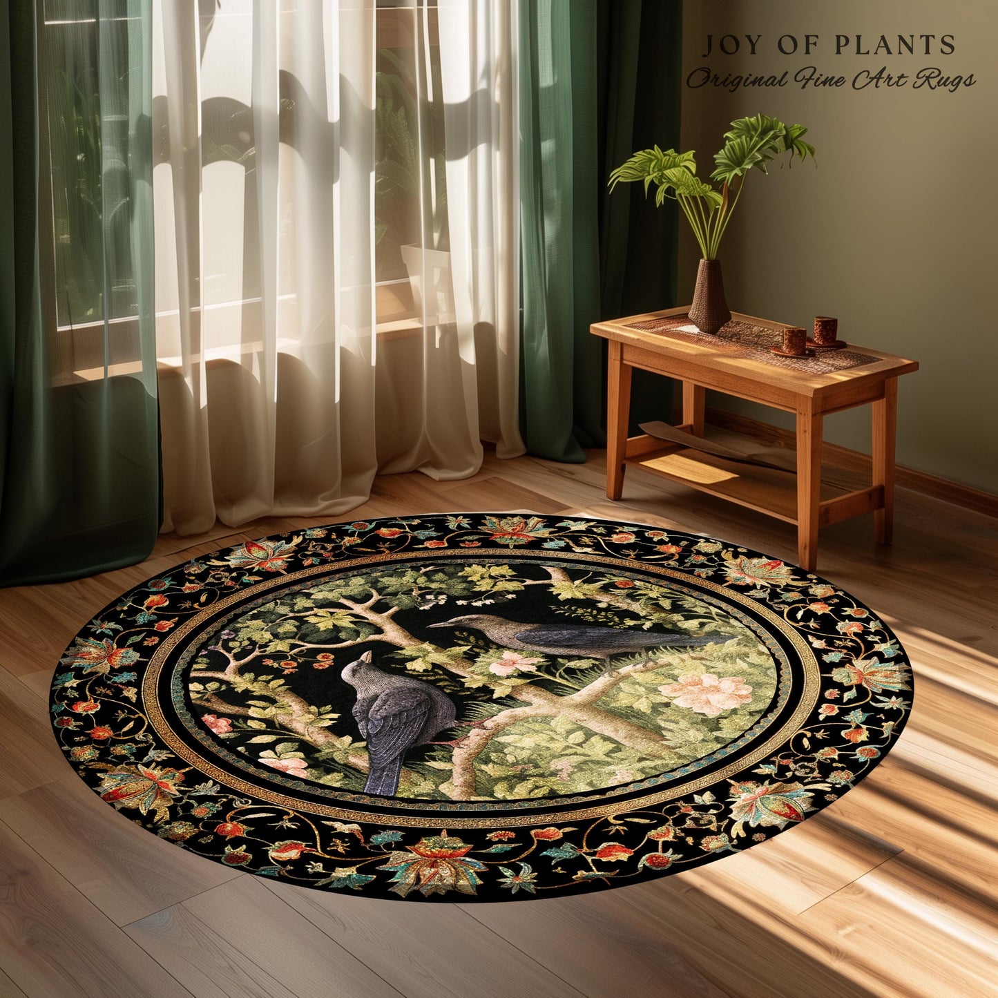 Woodland Forest Round Crow Rug, Eclectic Bedroom Decor Morris Inspired Cottagecore Room Soft Academia Style Rug Mystical Forest Crowcore Art