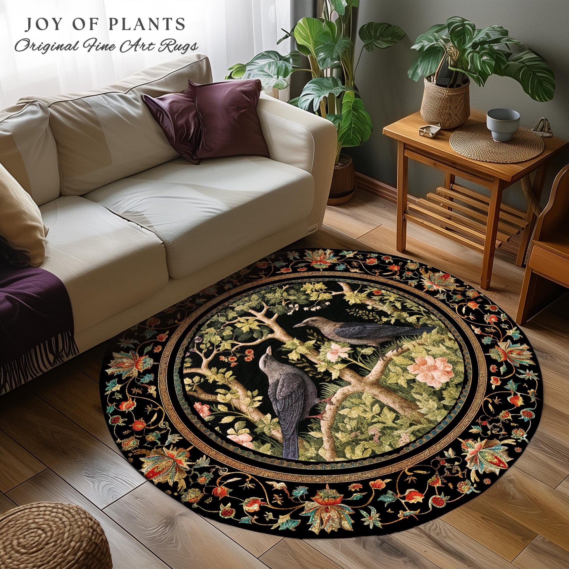 Woodland Forest Round Crow Rug, Eclectic Bedroom Decor Morris Inspired Cottagecore Room Soft Academia Style Rug Mystical Forest Crowcore Art