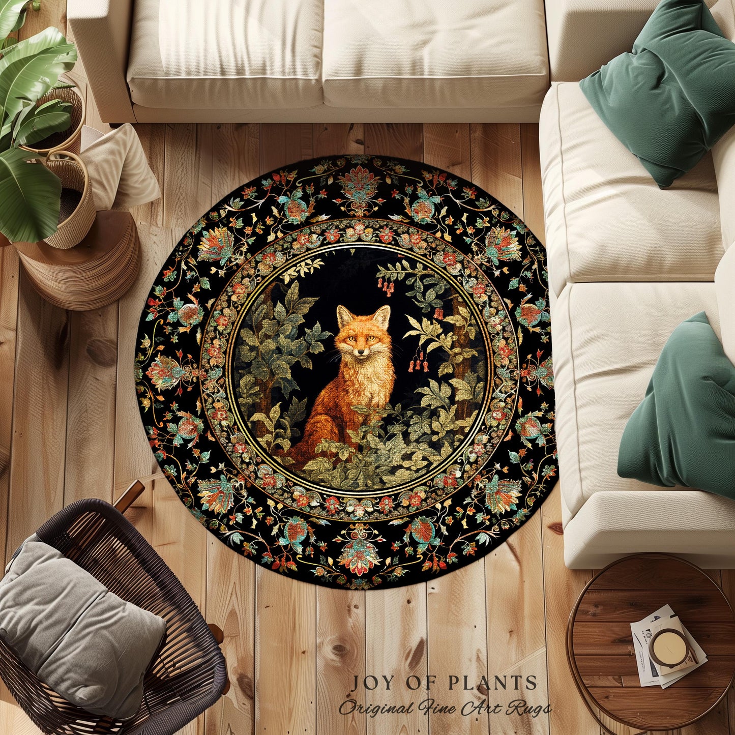 Woodland Whimsical Round Fox Rug Botanical Nature Bedroom Decor Morris Inspired Cottagecore, Soft Forestcore Dark Academia Folklore Fox Rug