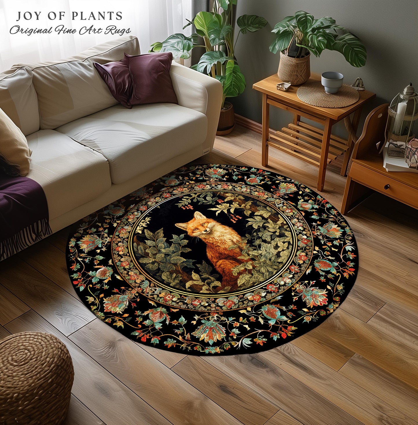 Woodland Whimsical Round Fox Rug Botanical Nature Bedroom Decor Morris Inspired Cottagecore, Soft Forestcore Dark Academia Folklore Fox Rug