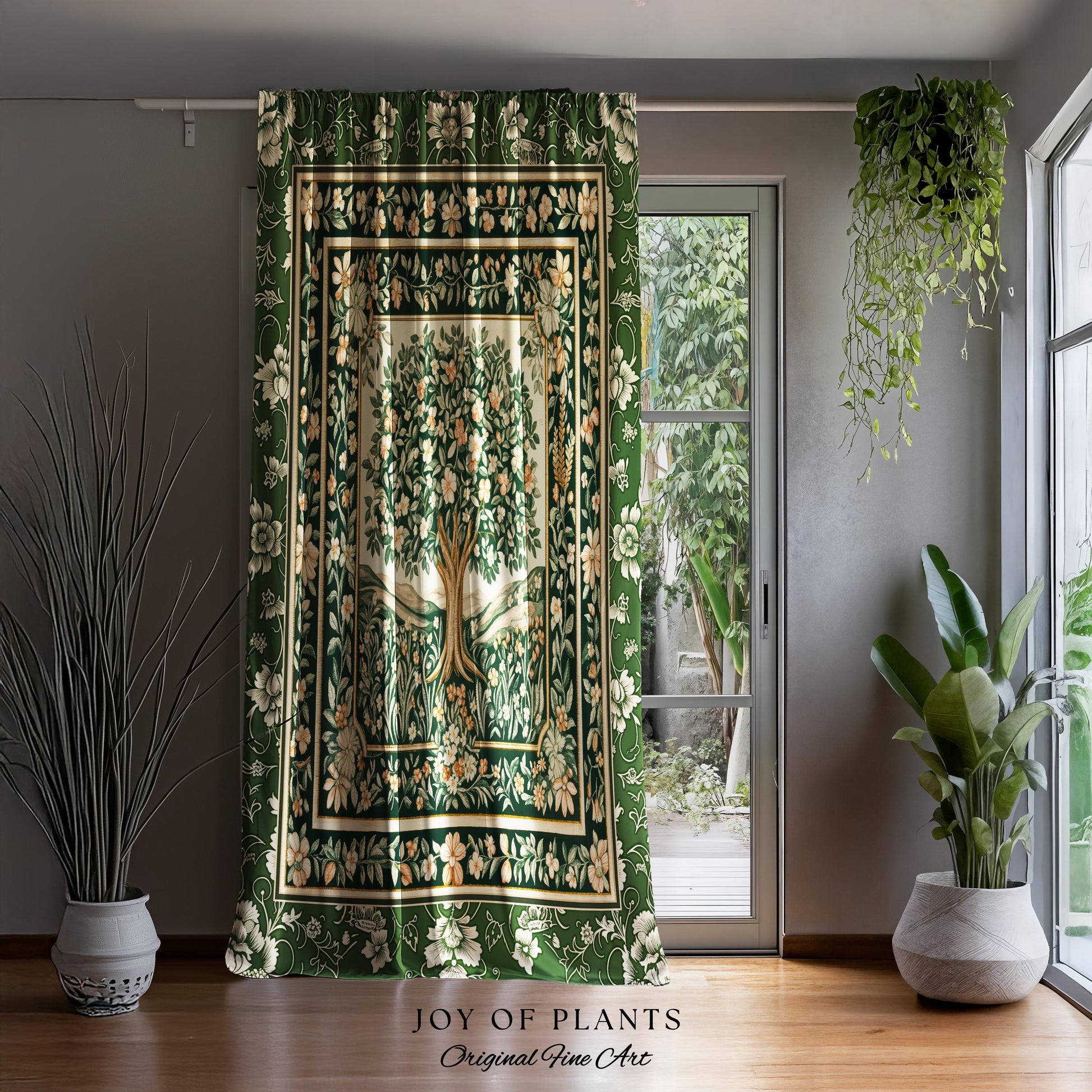 Enchanted Garden Folklore Tree Curtains | Emerald Green Botanical Coquette Floral Accent Forest Theme Drapes Folklore Design Cottagecore |