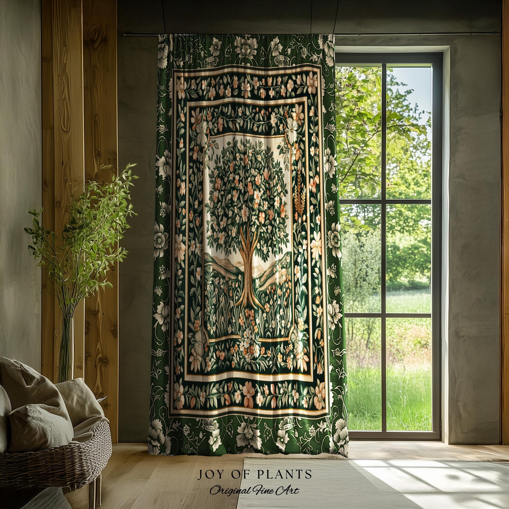 Enchanted Garden Folklore Tree Curtains | Emerald Green Botanical Coquette Floral Accent Forest Theme Drapes Folklore Design Cottagecore |