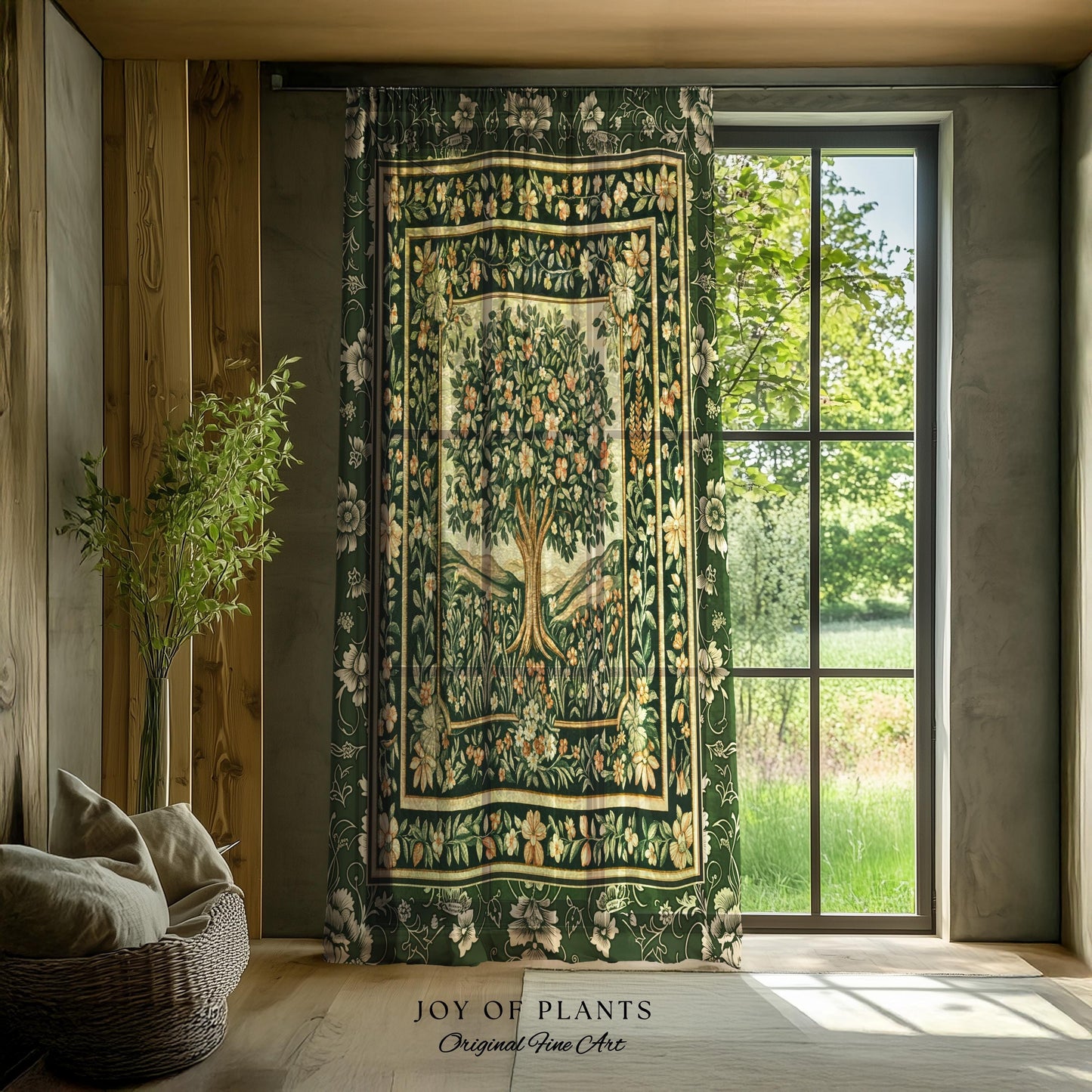 Enchanted Garden Folklore Tree Curtains | Emerald Green Botanical Coquette Floral Accent Forest Theme Drapes Folklore Design Cottagecore |