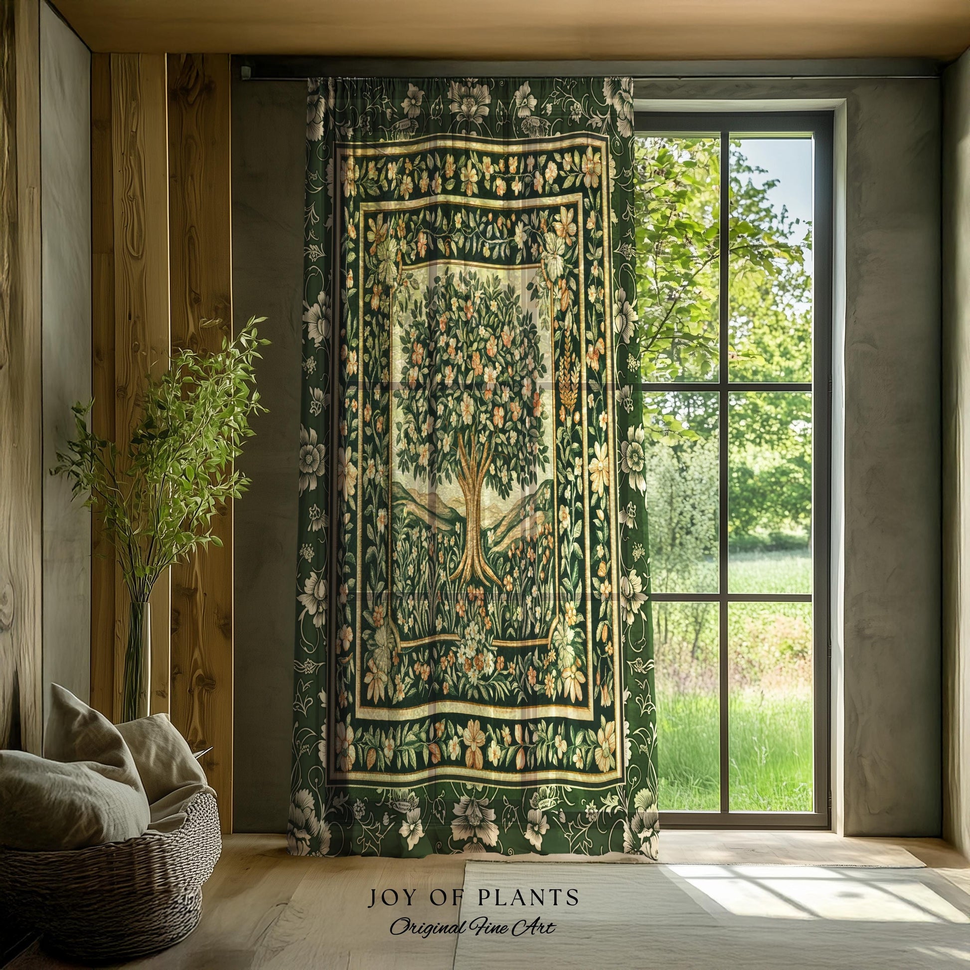 Enchanted Garden Folklore Tree Curtains | Emerald Green Botanical Coquette Floral Accent Forest Theme Drapes Folklore Design Cottagecore |