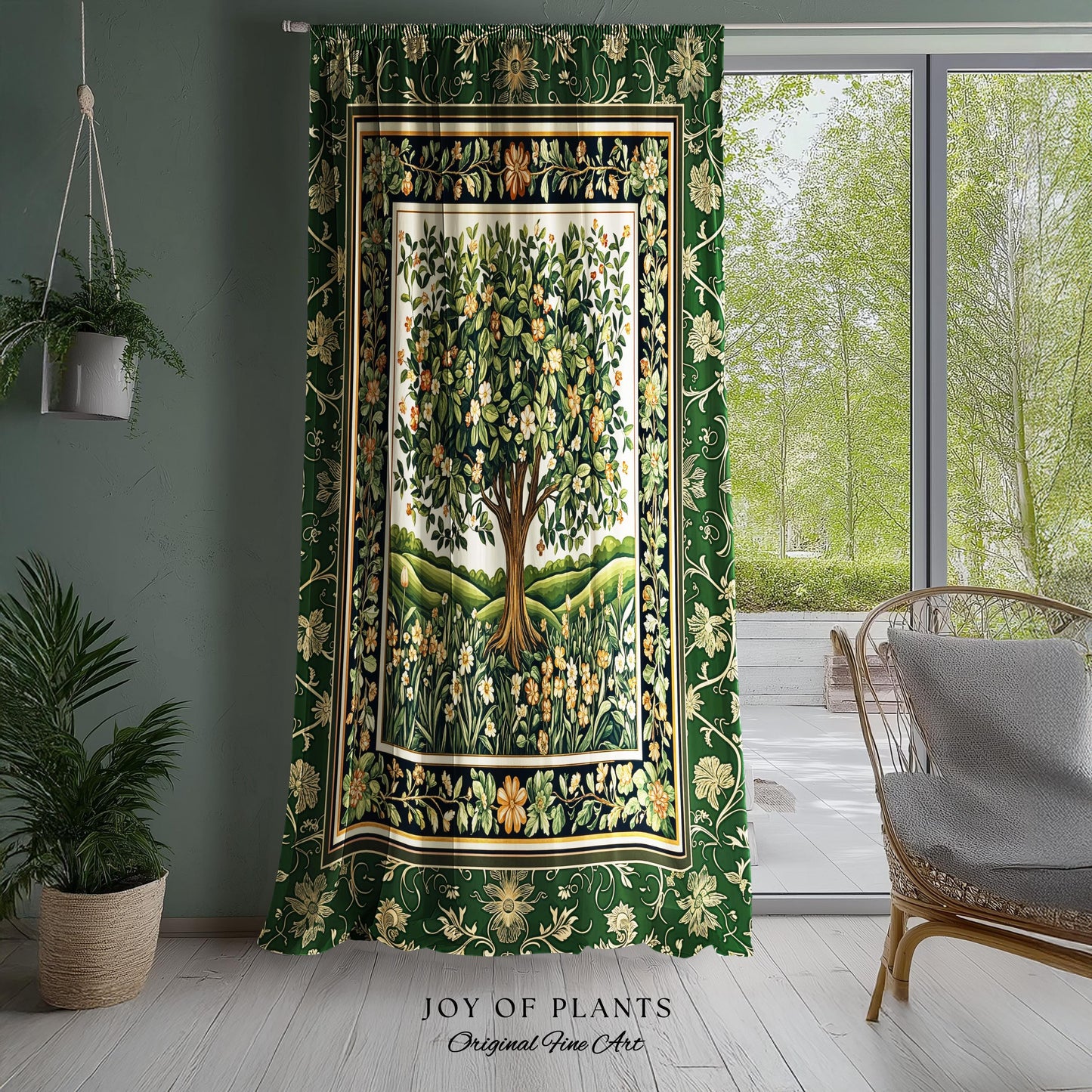 Emerald Green Floral Tree of Life Curtain | Botanical Forestcore Folklore Vintage Floral Enchanted Cottagecore Whimsical Aesthetic Drapes |