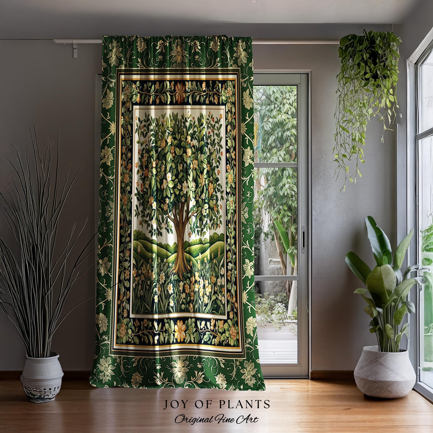 Emerald Green Floral Tree of Life Curtain | Botanical Forestcore Folklore Vintage Floral Enchanted Cottagecore Whimsical Aesthetic Drapes |
