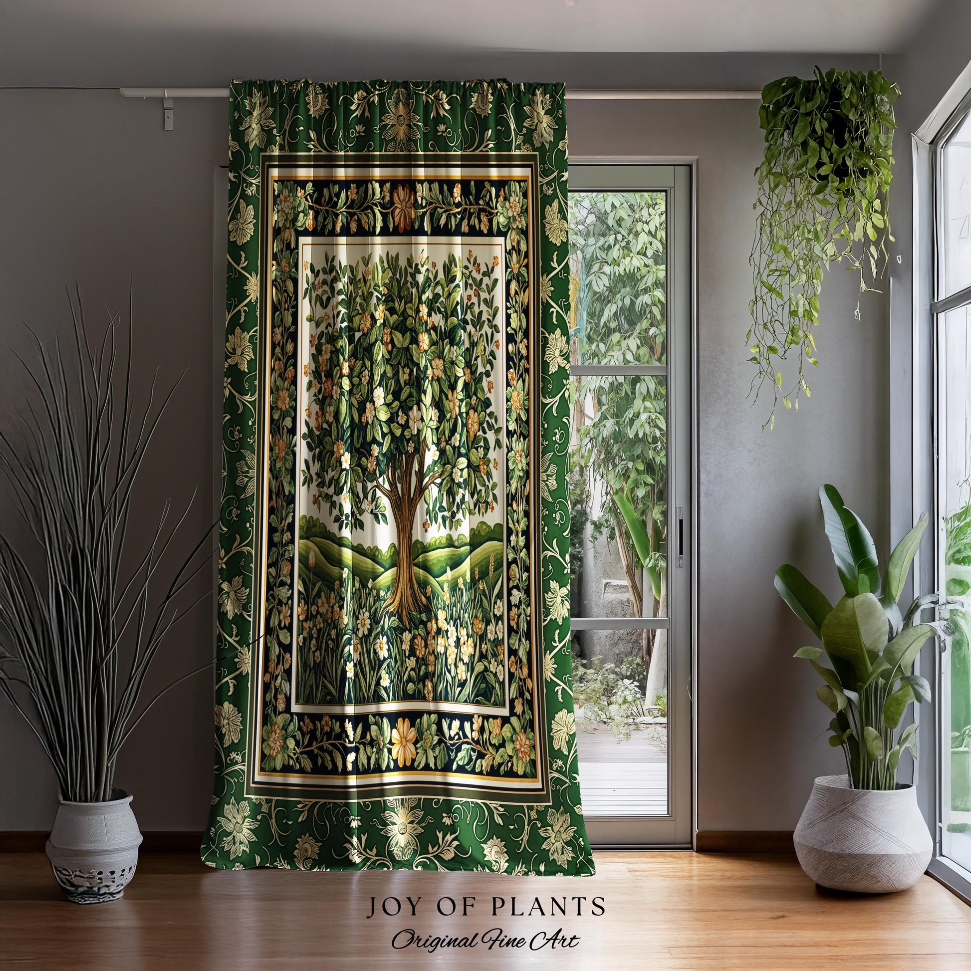 Emerald Green Floral Tree of Life Curtain | Botanical Forestcore Folklore Vintage Floral Enchanted Cottagecore Whimsical Aesthetic Drapes |