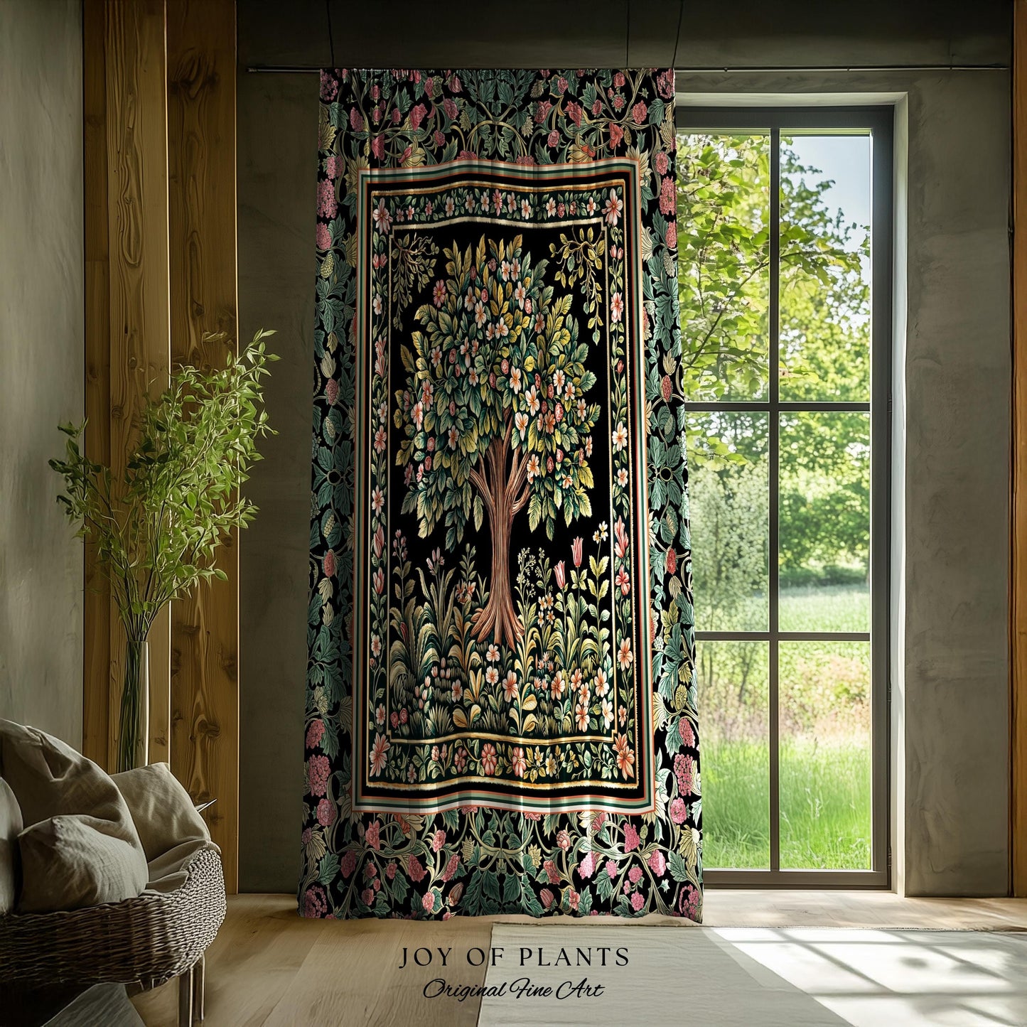 Fairy Garden Tree of Life Curtains | Cottagecore Countryside Romantic Floral Landscape Whimsical Chateau Style Bohemian Botanical Drapes |