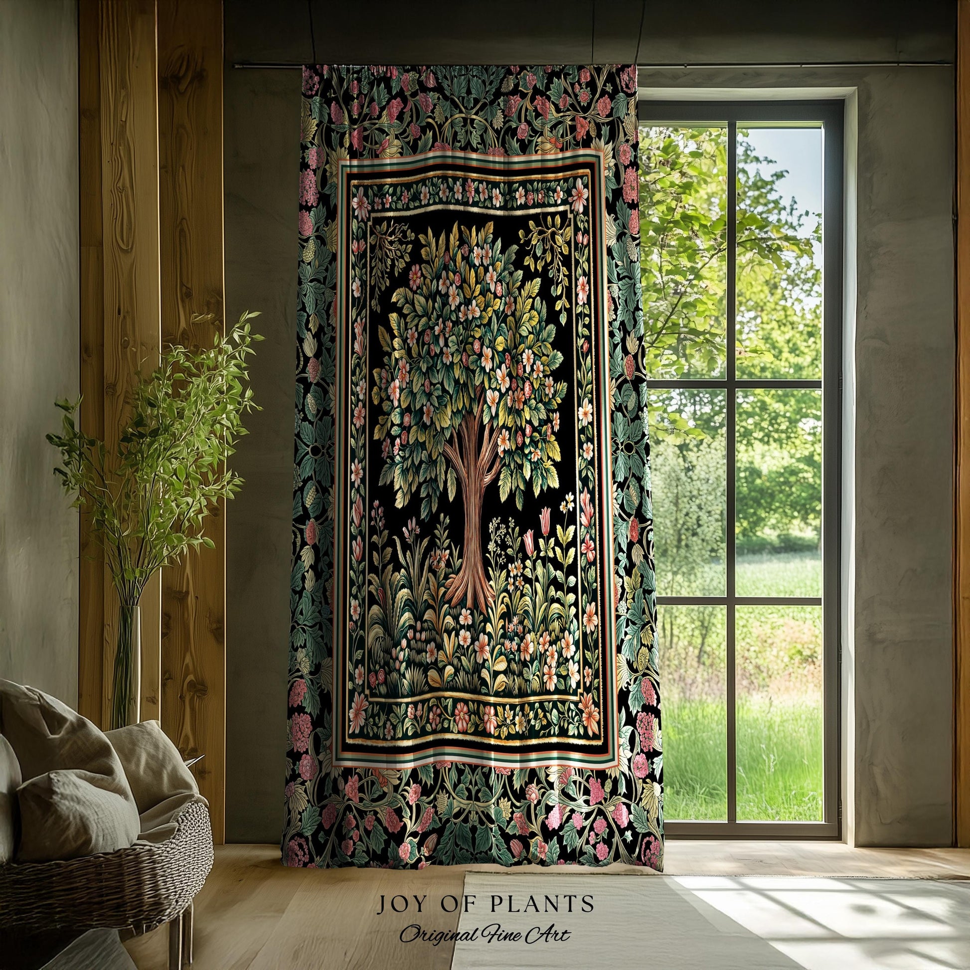 Fairy Garden Tree of Life Curtains | Cottagecore Countryside Romantic Floral Landscape Whimsical Chateau Style Bohemian Botanical Drapes |