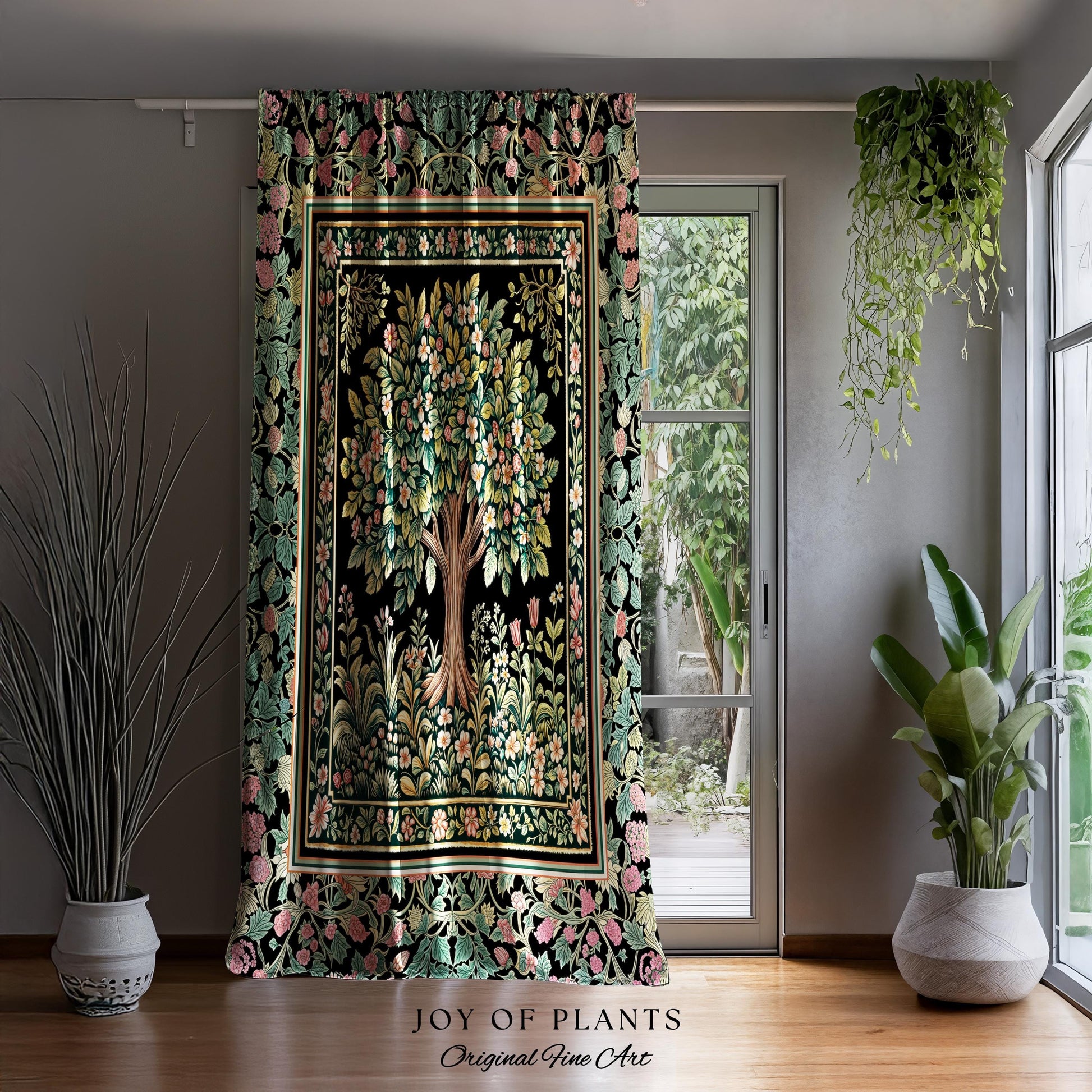 Fairy Garden Tree of Life Curtains | Cottagecore Countryside Romantic Floral Landscape Whimsical Chateau Style Bohemian Botanical Drapes |