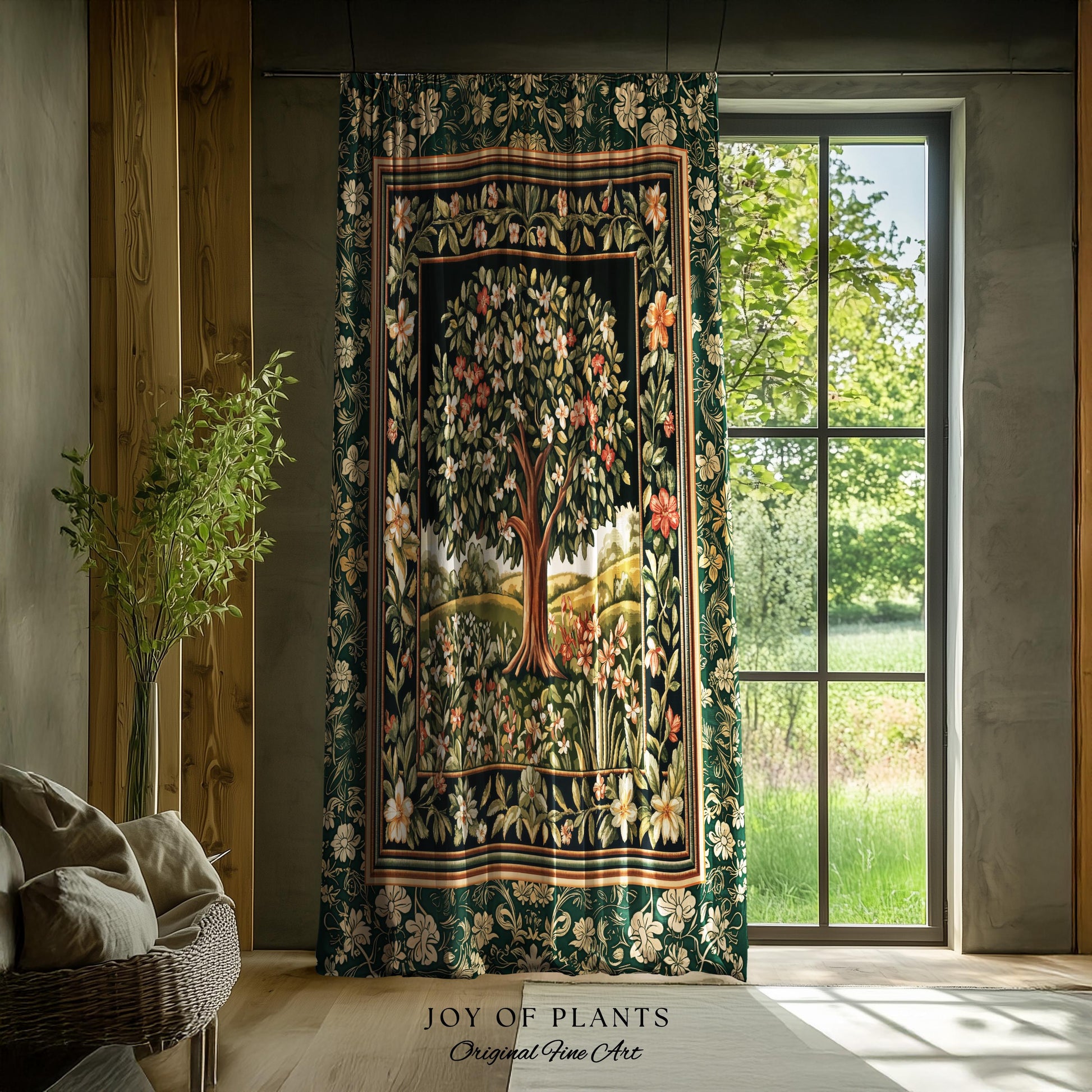 Botanical Tree of Life Curtain | Ornate Floral Heritage Decor Vintage Nature Aesthetic Cottagecore Fairycore Bedroom Woodland Inspired Cozy