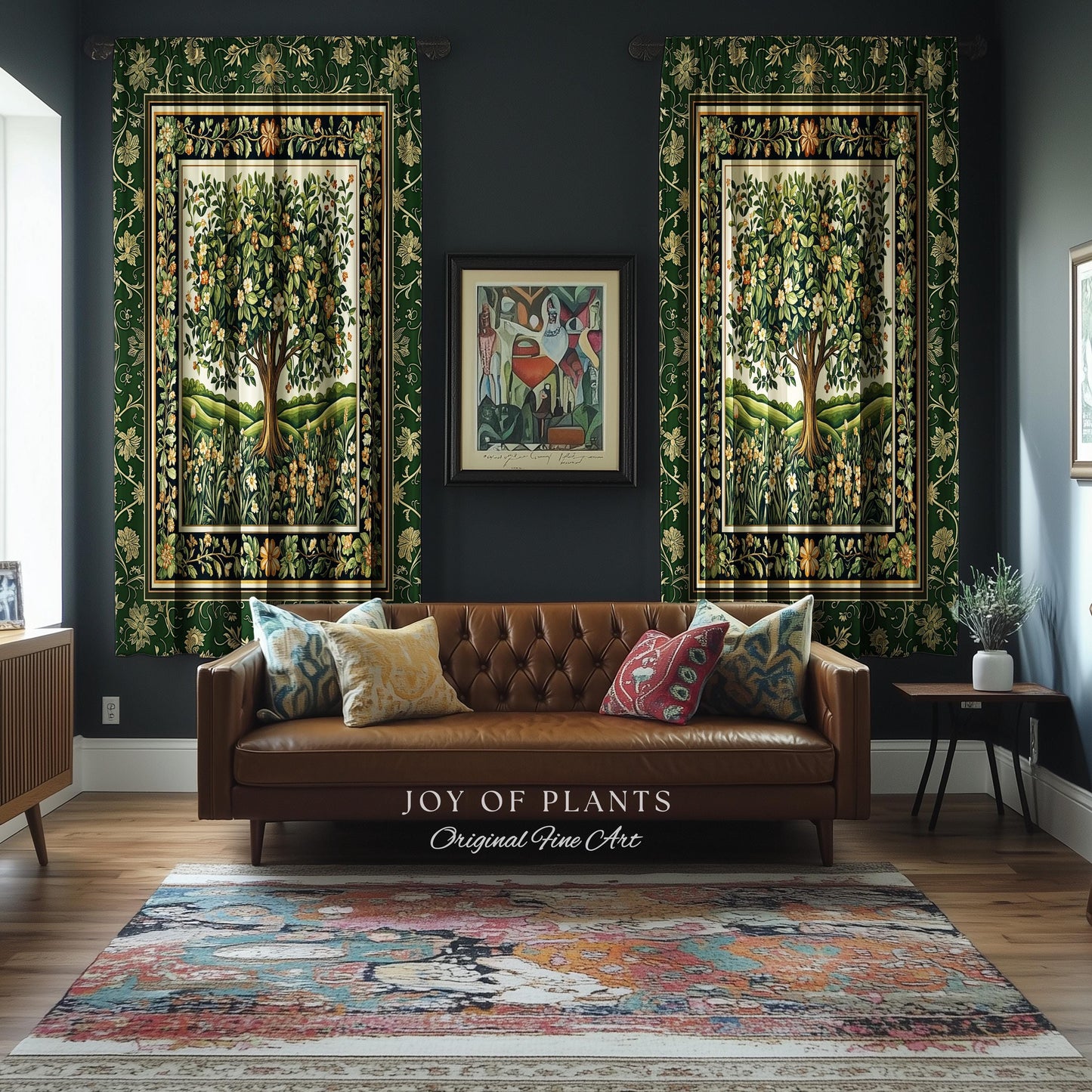 Emerald Green Floral Tree of Life Curtain | Botanical Forestcore Folklore Vintage Floral Enchanted Cottagecore Whimsical Aesthetic Drapes |