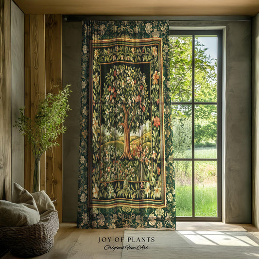 Botanical Tree of Life Curtain | Ornate Floral Heritage Decor Vintage Nature Aesthetic Cottagecore Fairycore Bedroom Woodland Inspired Cozy