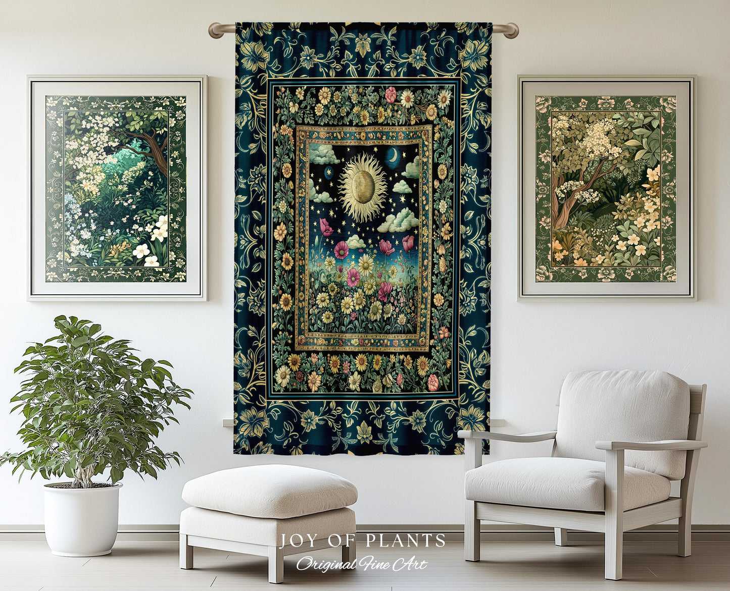 Floral Gothic Celestial Curtain | Witchy Tarot Sun Moon Stars Spiritual Tarot Decor Bohemian Indie Bedroom Drapes Cozy Cottagecore Aesthetic