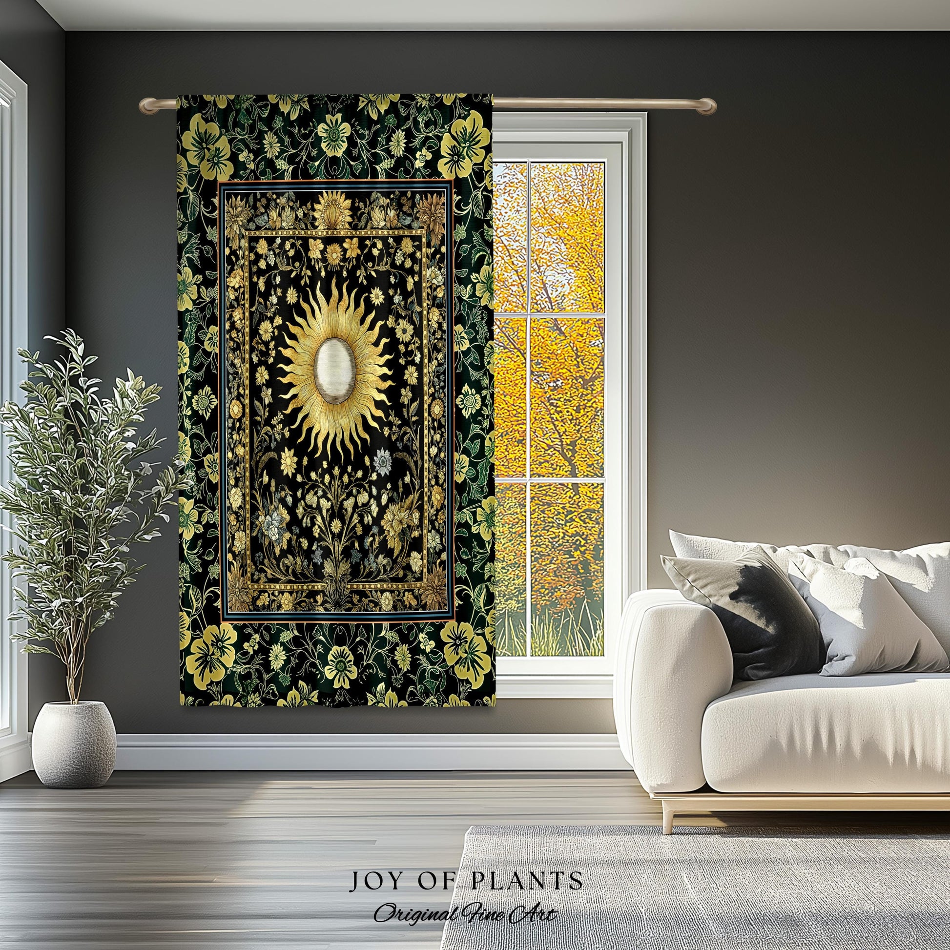 Boho Tarot Sun Window Curtain | Zodiac Inspired Mystical Drapes Floral Whimsical Ethereal Moon and Stars Astrology Aesthetic Witchy Decor |