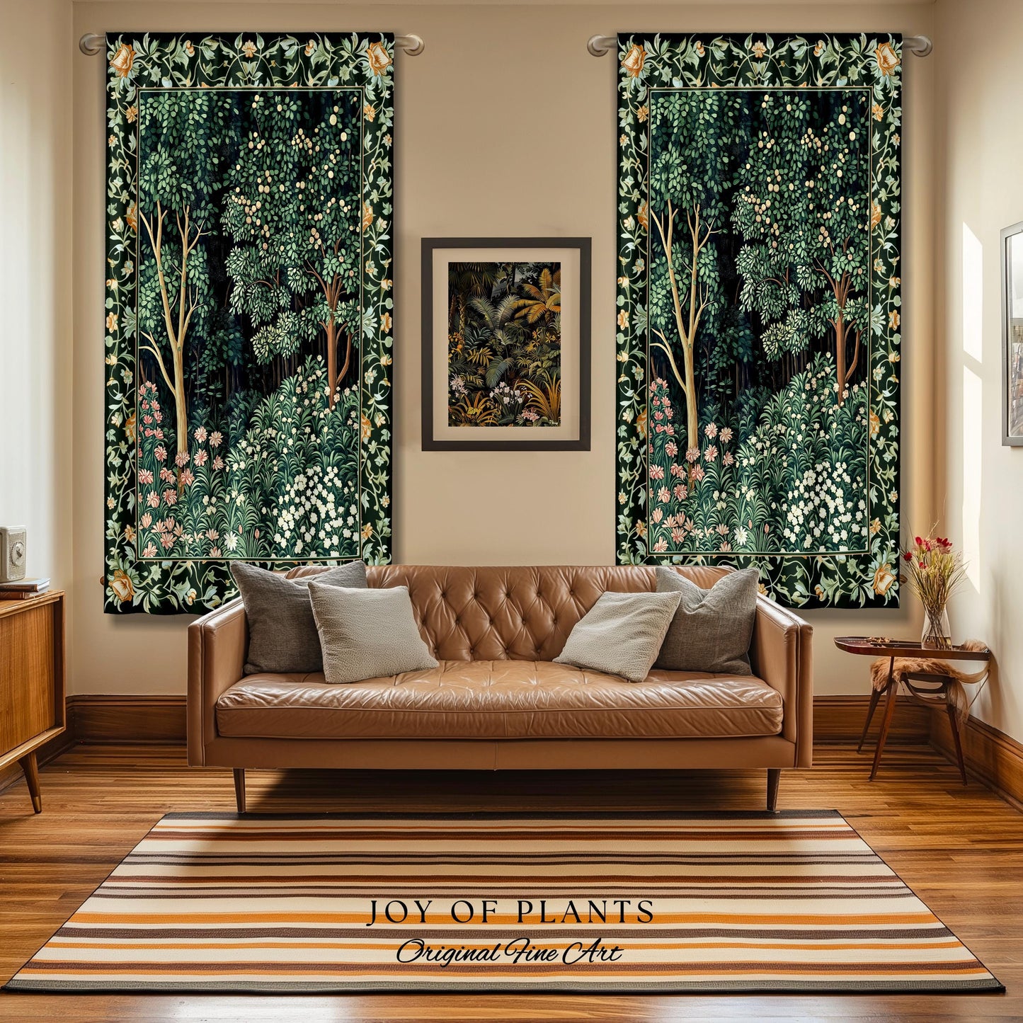 Medieval Forest Botanical Bedroom Accent Curtain | Woodland Botanical Emerald Green Vintage Aesthetic Mystic Storybook Drapes Magical Style