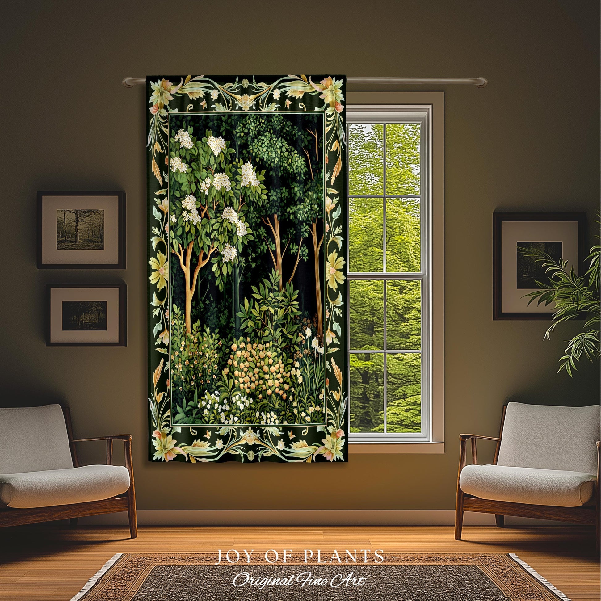 Emerald Green Medieval Tree Curtain | Magical Woodland Cottagecore Aesthetic Nature Lover Bedroom Olive Green Decor Boho Botanical Drapes |