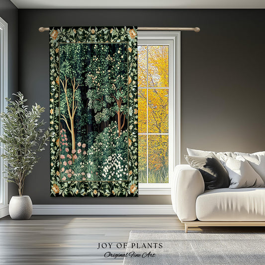 Medieval Forest Botanical Bedroom Accent Curtain | Woodland Botanical Emerald Green Vintage Aesthetic Mystic Storybook Drapes Magical Style