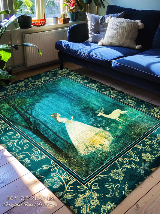 Spirit Animal Magic Forest Rug | Woodland Folklore Accent Rug Spiritual Meaning Enchanted Woods Botanical Whimsical Deer Ethereal Goddess |