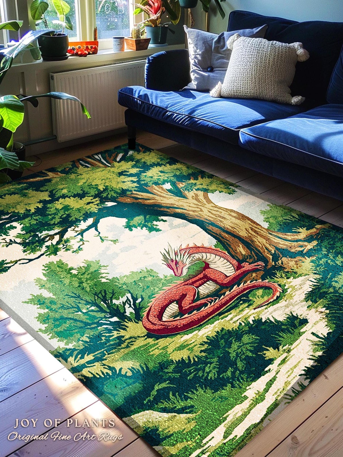Enchanted Red Dragon Rug Mystical Forest Scene Fantasy Goblincore, Medieval Forestcore Home Accent Whimsical Mystic Creature Woodland Decor