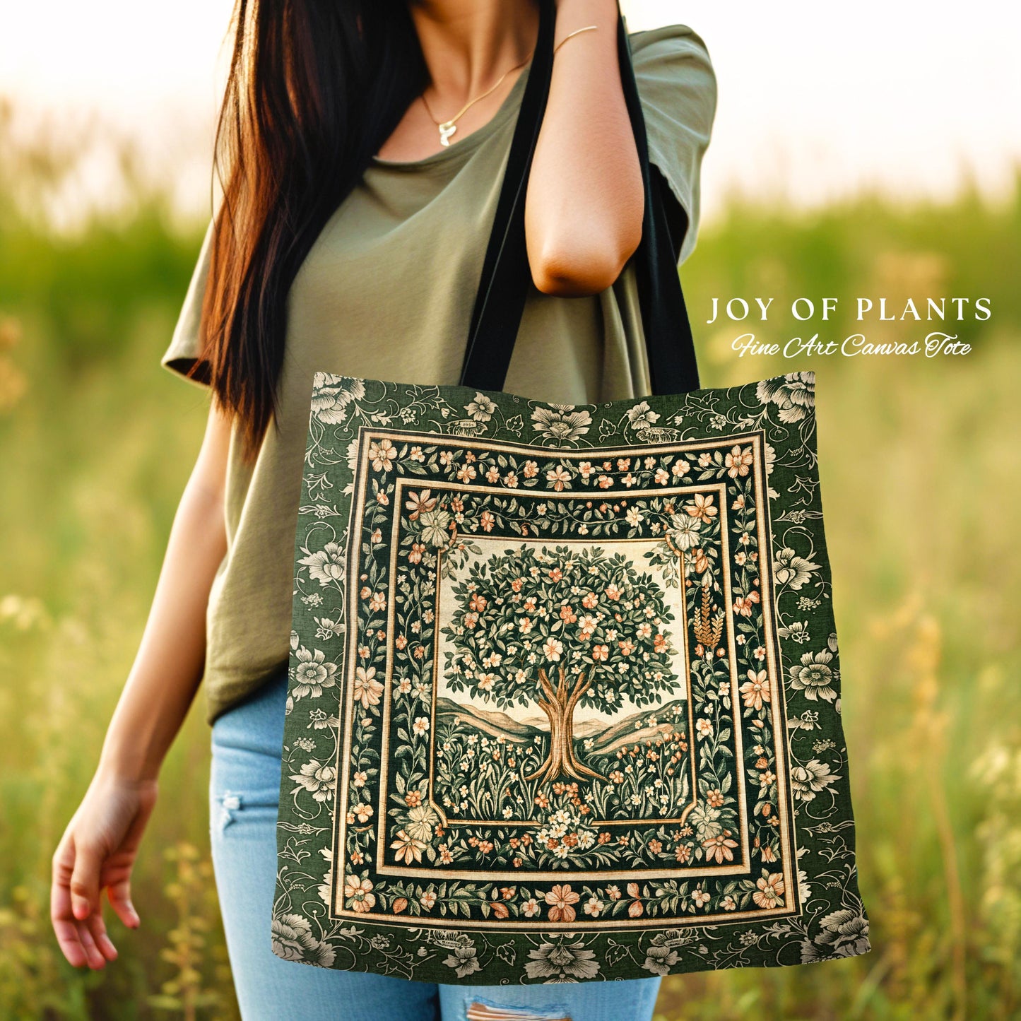 Enchanted Garden Folklore Tree Tote | Emerald Green Botanical Coquette Style Floral Forest Theme Woven Tapestry Bag Folklore Cottagecore |