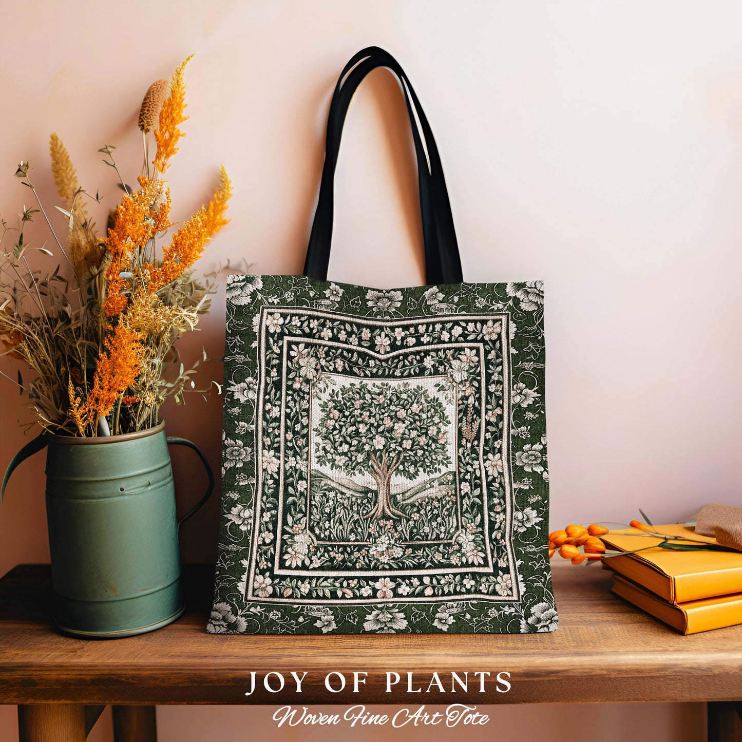 Enchanted Garden Folklore Tree Tote | Emerald Green Botanical Coquette Style Floral Forest Theme Woven Tapestry Bag Folklore Cottagecore |