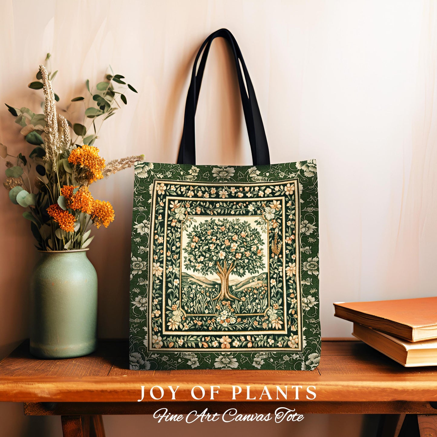 Enchanted Garden Folklore Tree Tote | Emerald Green Botanical Coquette Style Floral Forest Theme Woven Tapestry Bag Folklore Cottagecore |