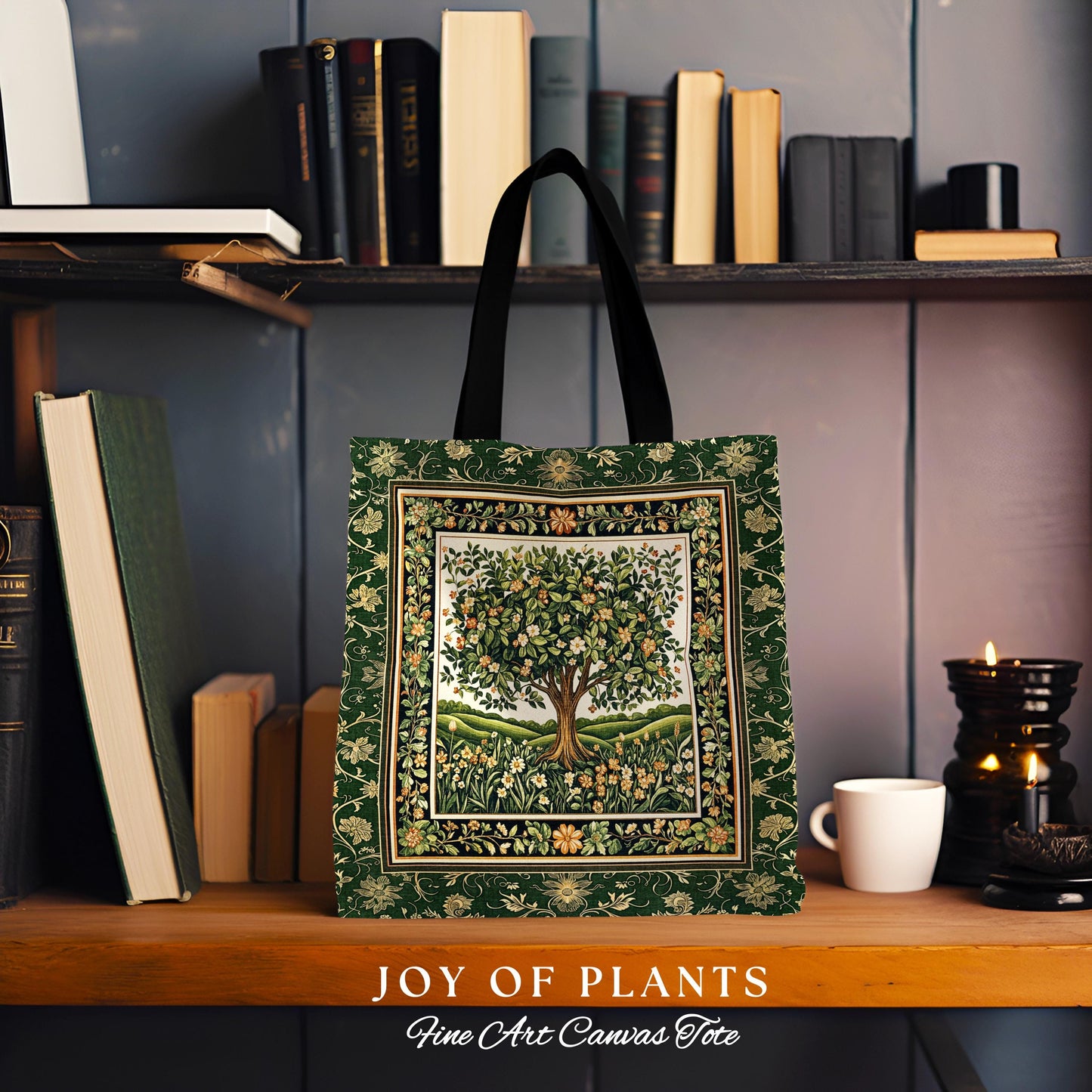 Emerald Green Floral Tree of Life Tote | Botanical Forestcore Folklore Vintage Floral Enchanted Bag Cottagecore Whimsical Natural Aesthetic