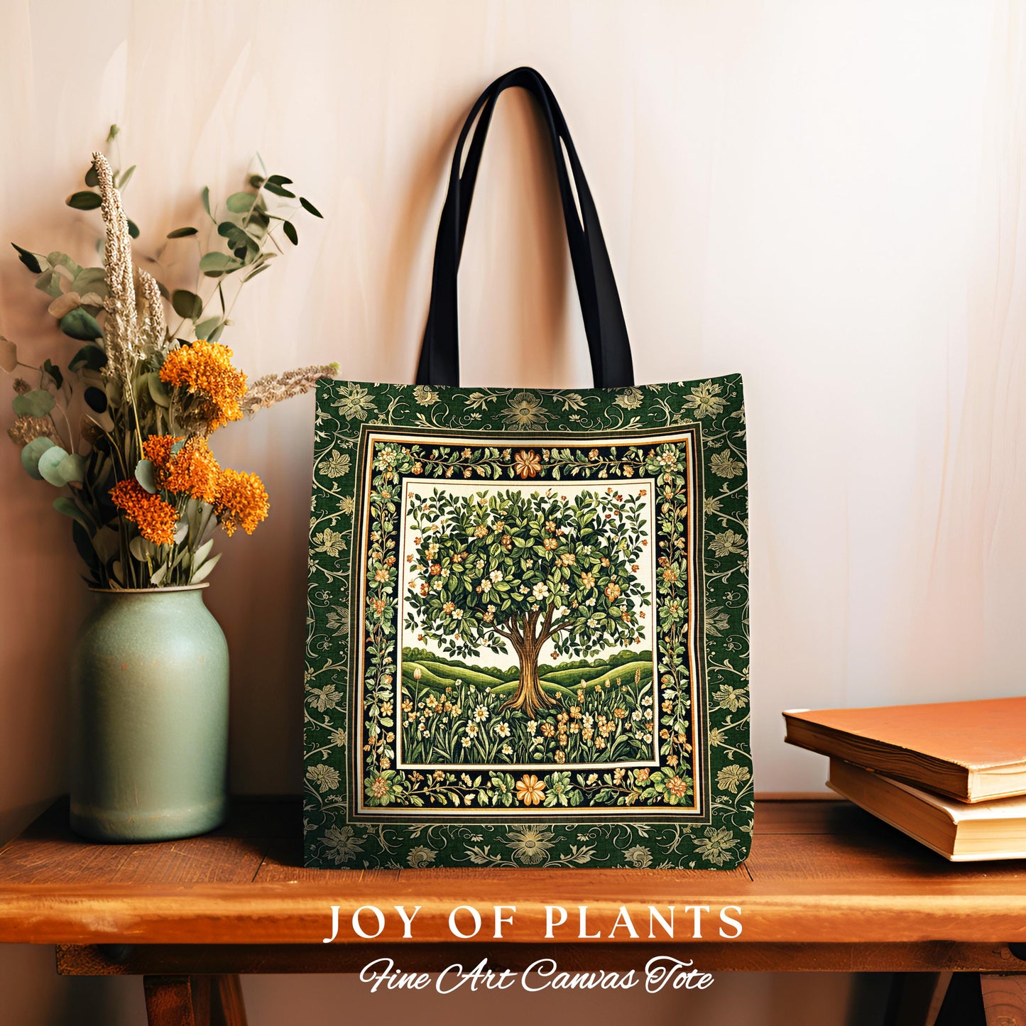 Emerald Green Floral Tree of Life Tote | Botanical Forestcore Folklore Vintage Floral Enchanted Bag Cottagecore Whimsical Natural Aesthetic