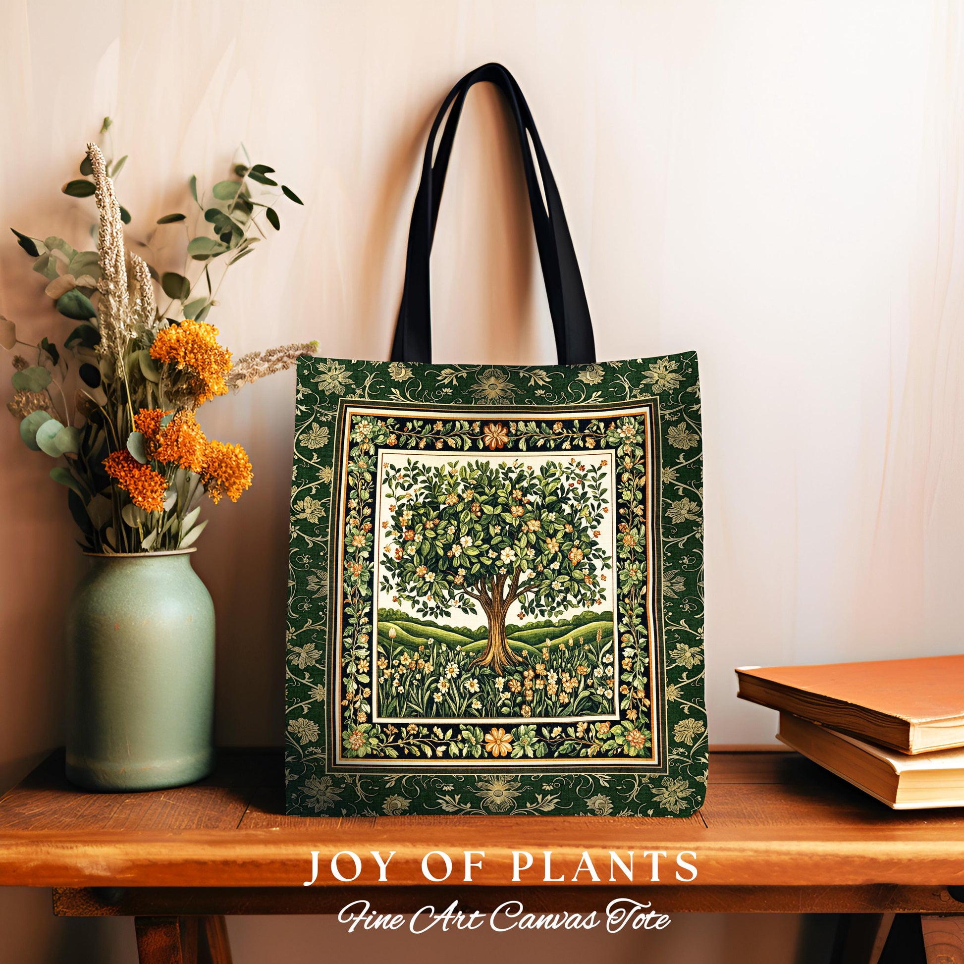 Emerald Green Floral Tree of Life Tote | Botanical Forestcore Folklore Vintage Floral Enchanted Bag Cottagecore Whimsical Natural Aesthetic