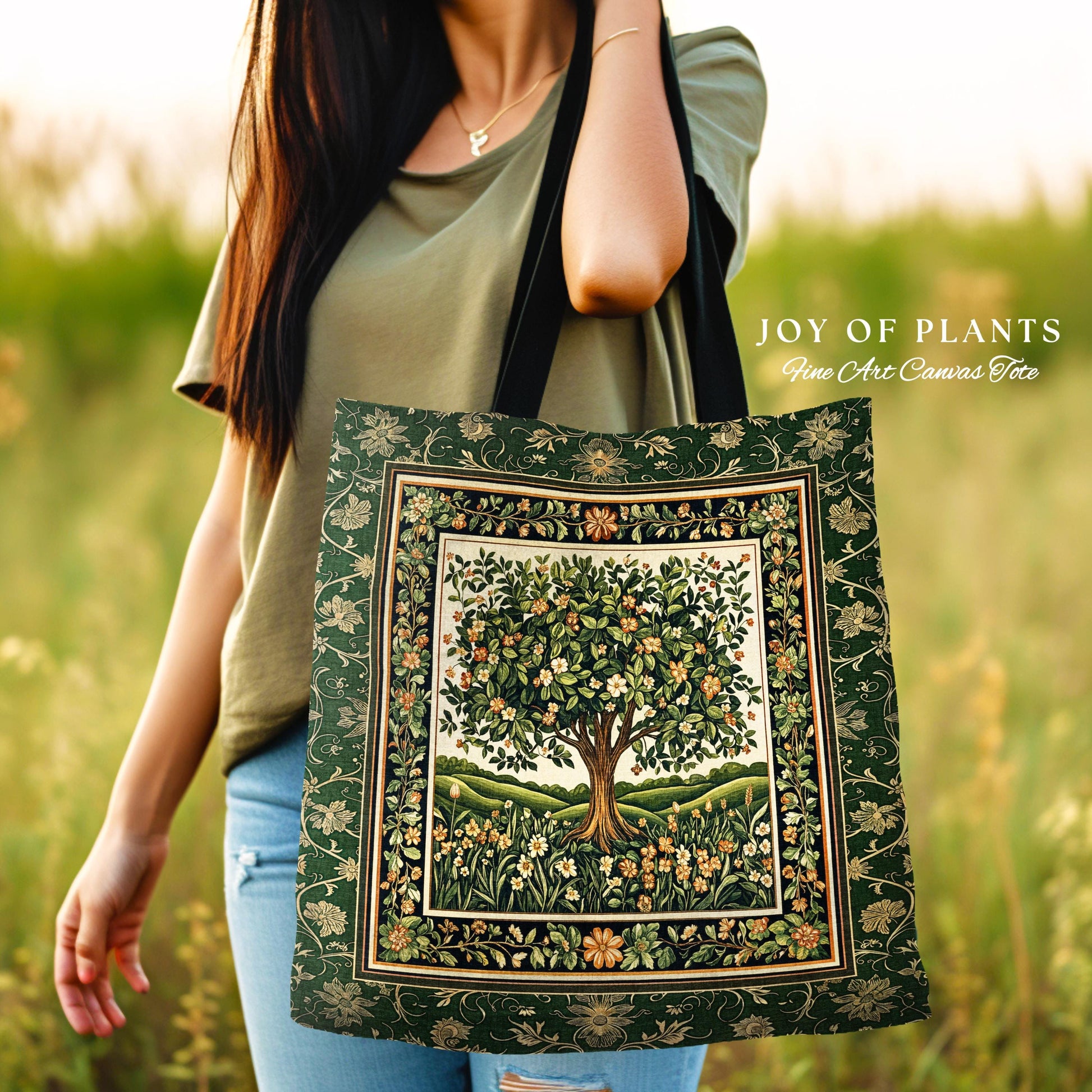 Emerald Green Floral Tree of Life Tote | Botanical Forestcore Folklore Vintage Floral Enchanted Bag Cottagecore Whimsical Natural Aesthetic