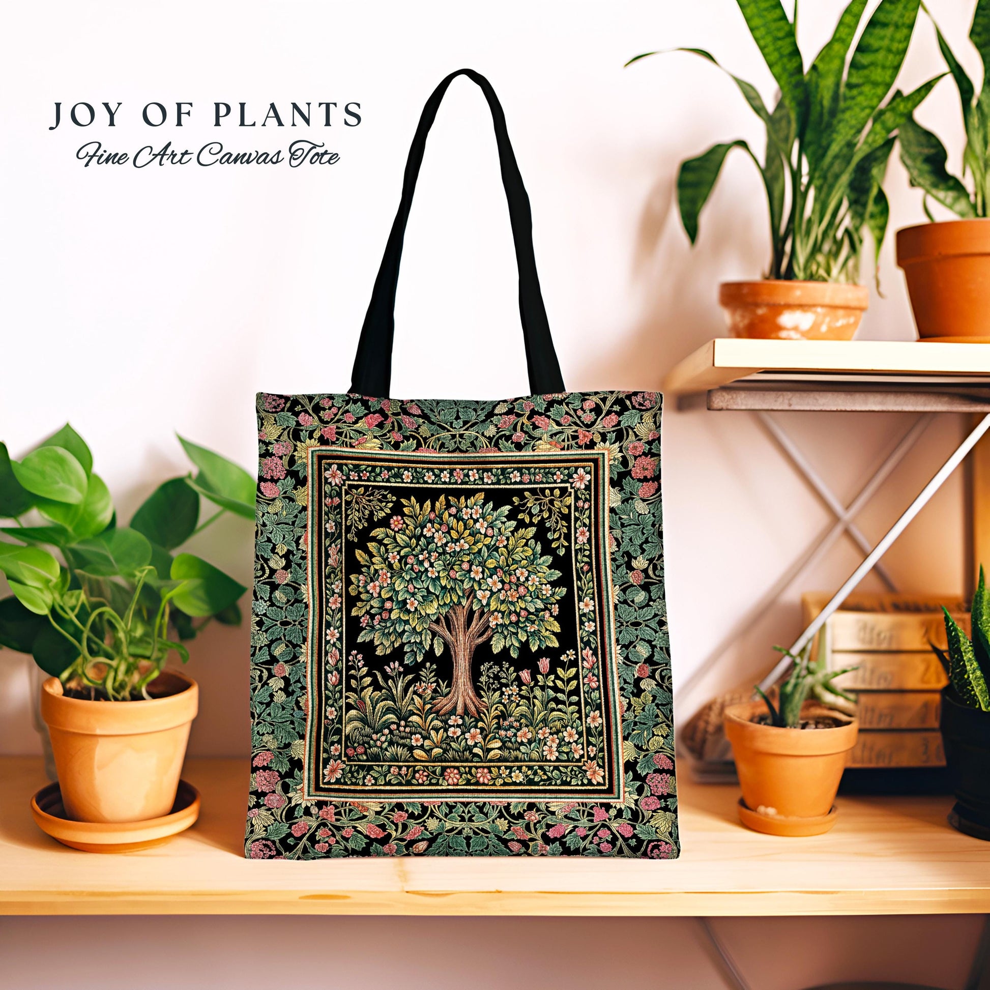 Fairy Garden Tree of Life Tote | Cottagecore Countryside Romantic Floral Landscape Whimsical Chateau Bohemian Botanical Woven Tapestry Bag |